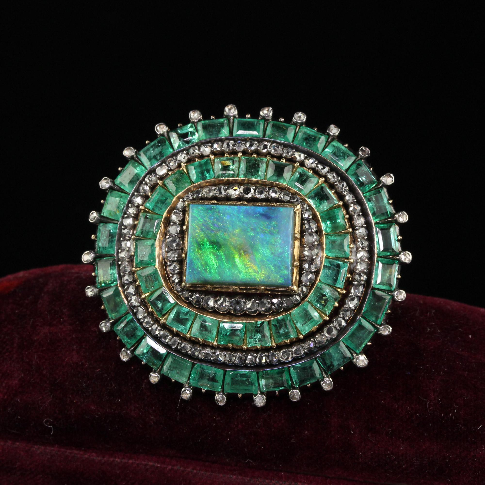 Antique Victorian 18K Yellow Gold Silver Old Cut Diamond Emerald Black Opal Pin In Good Condition In Great Neck, NY