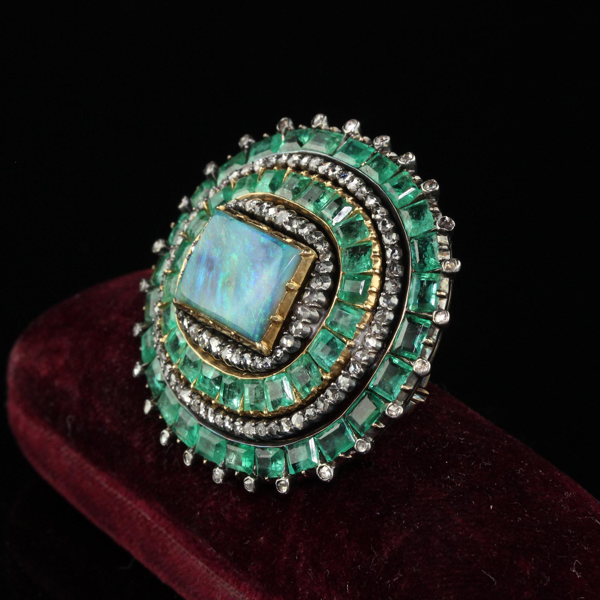 Women's or Men's Antique Victorian 18K Yellow Gold Silver Old Cut Diamond Emerald Black Opal Pin