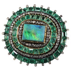 Antique Victorian 18K Yellow Gold Silver Old Cut Diamond Emerald Black Opal Pin