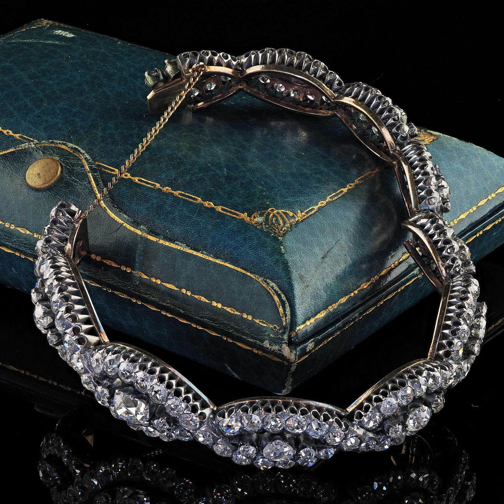 Old Mine Cut Antique Victorian 18K Yellow Gold Silver Old Mine Diamond Eternity Bangle For Sale