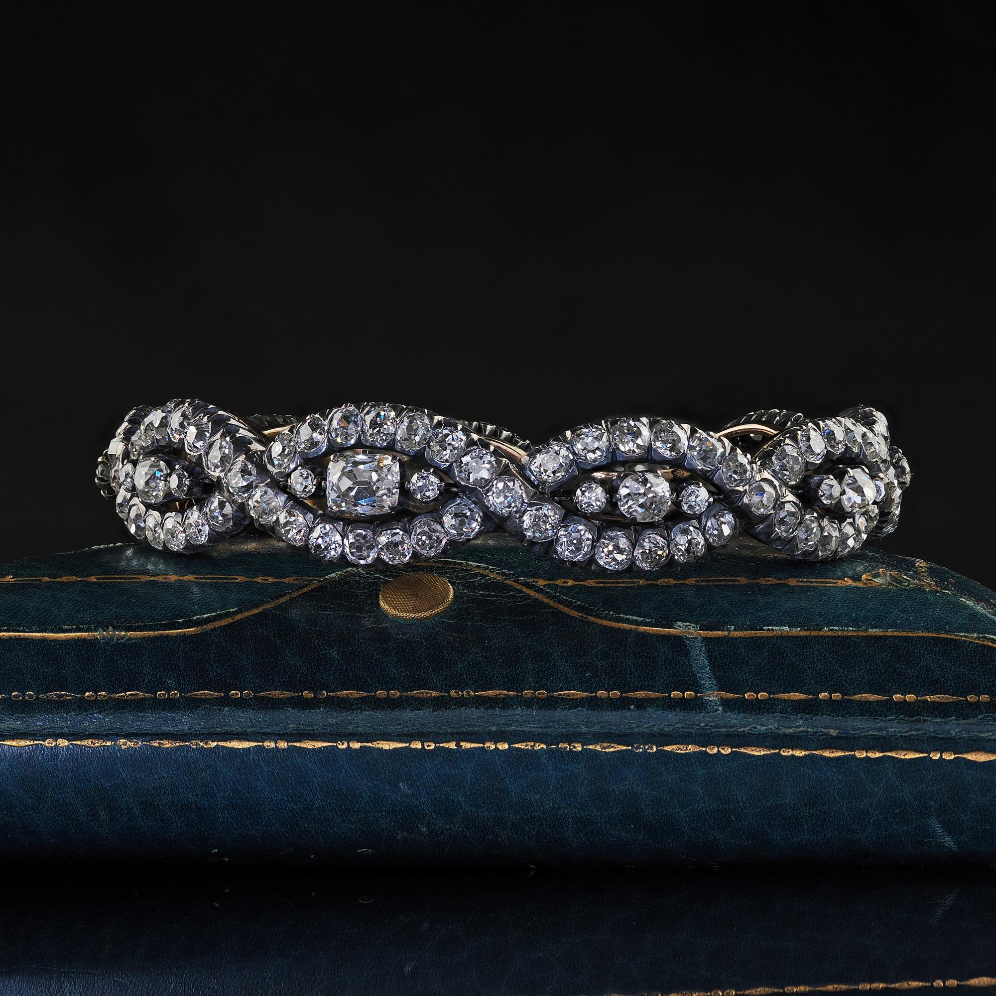 Women's Antique Victorian 18K Yellow Gold Silver Old Mine Diamond Eternity Bangle For Sale