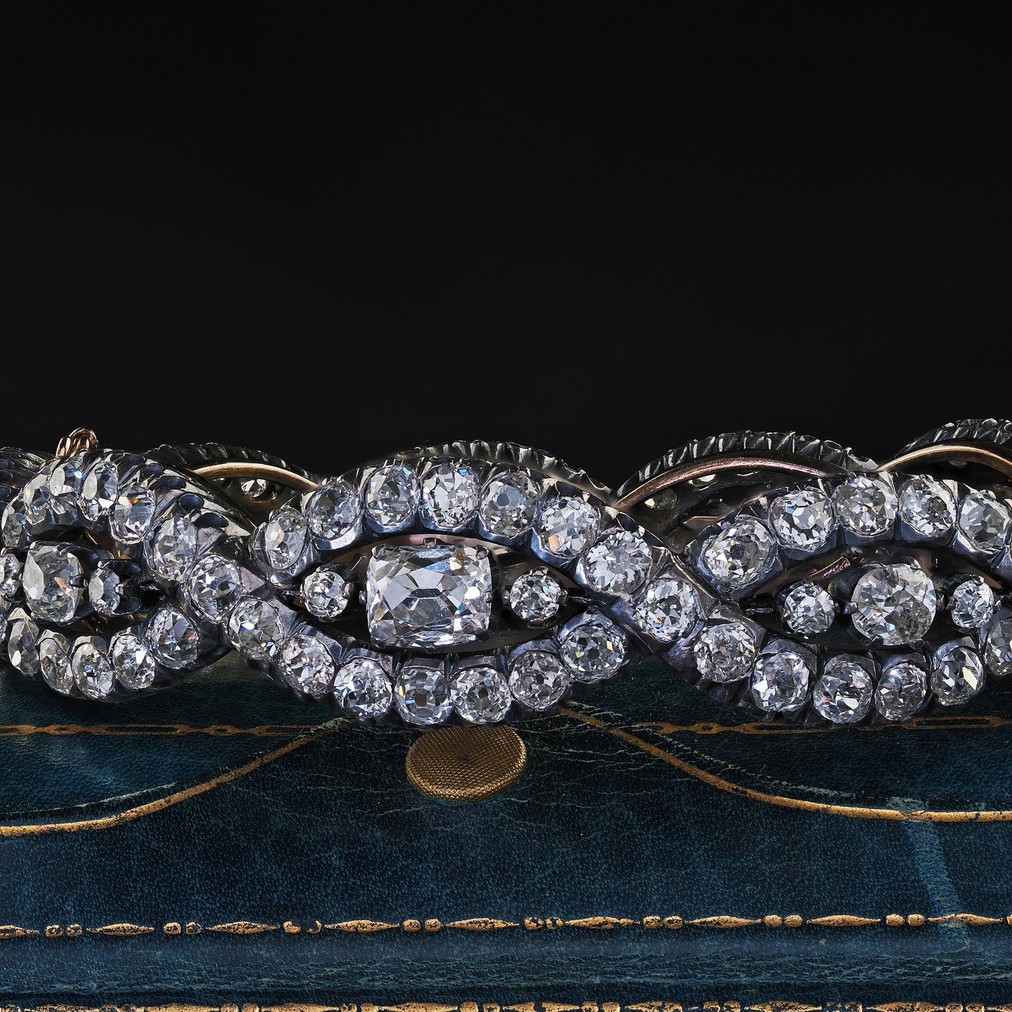 Antique Victorian 18K Yellow Gold Silver Old Mine Diamond Eternity Bangle For Sale 2