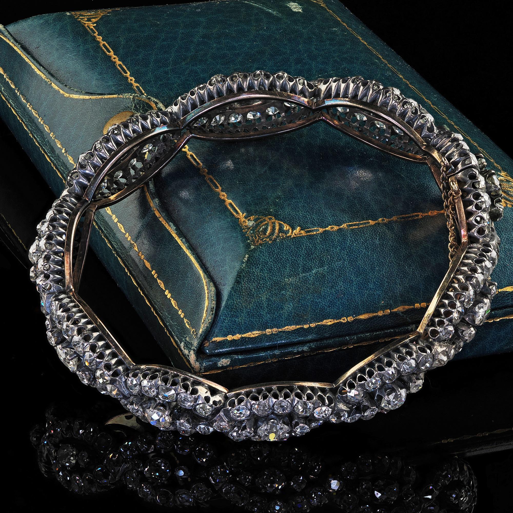 Antique Victorian 18K Yellow Gold Silver Old Mine Diamond Eternity Bangle For Sale 4