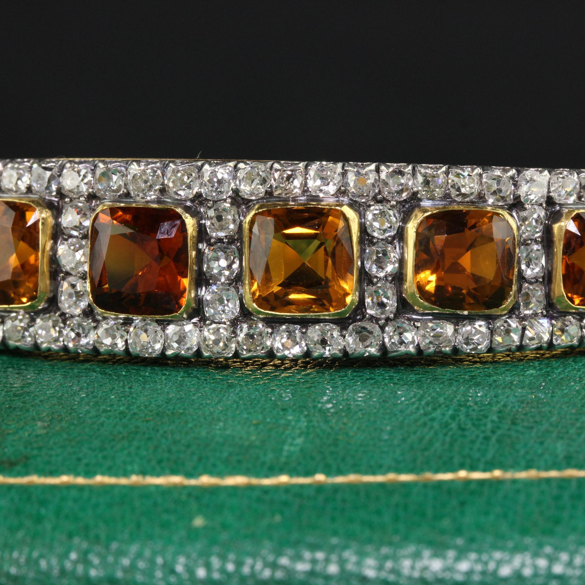 Taille coussin antique Bracelet jonc victorien ancien en or jaune 18 carats, argent, diamants et citrine péruzzi ancienne mine en vente