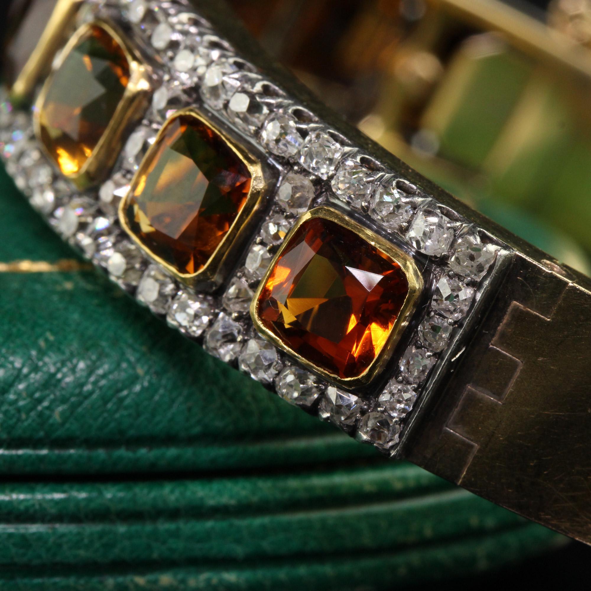 Bracelet jonc victorien ancien en or jaune 18 carats, argent, diamants et citrine péruzzi ancienne mine Bon état - En vente à Great Neck, NY