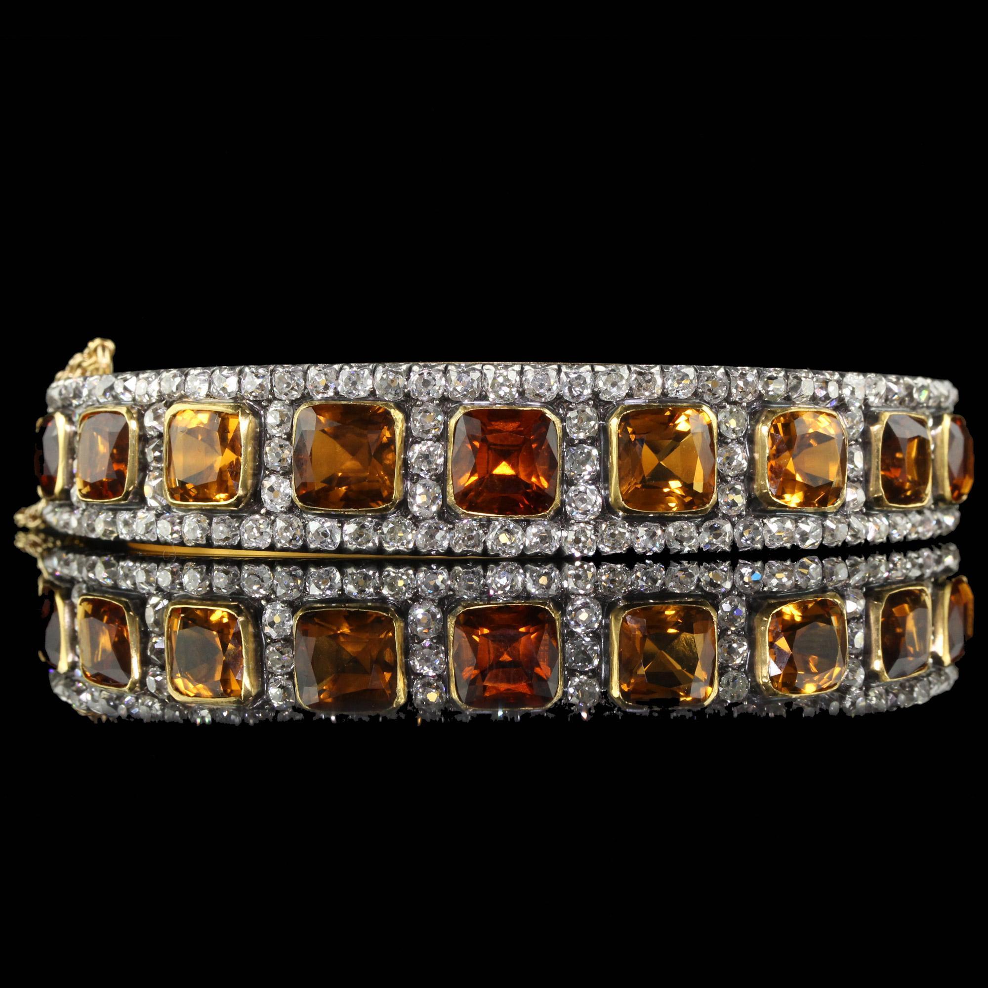 Bracelet jonc victorien ancien en or jaune 18 carats, argent, diamants et citrine péruzzi ancienne mine en vente 1