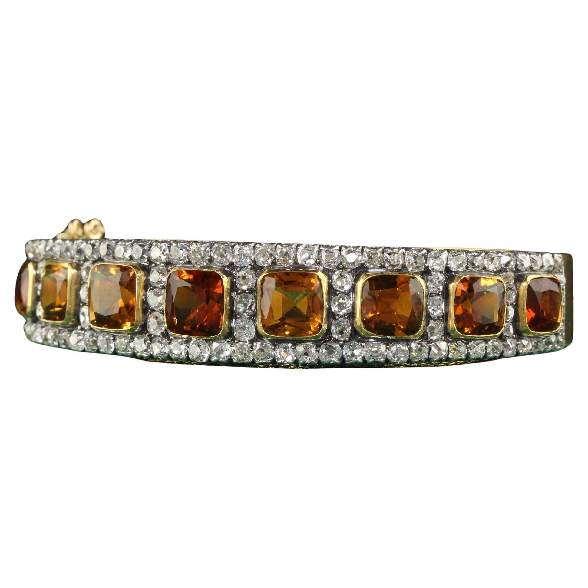 Bracelet jonc victorien ancien en or jaune 18 carats, argent, diamants et citrine péruzzi ancienne mine en vente