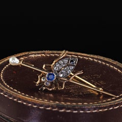 Antique Victorian 18K Yellow Gold Silver Rose Cut Diamond Sapphire Bug Brooch