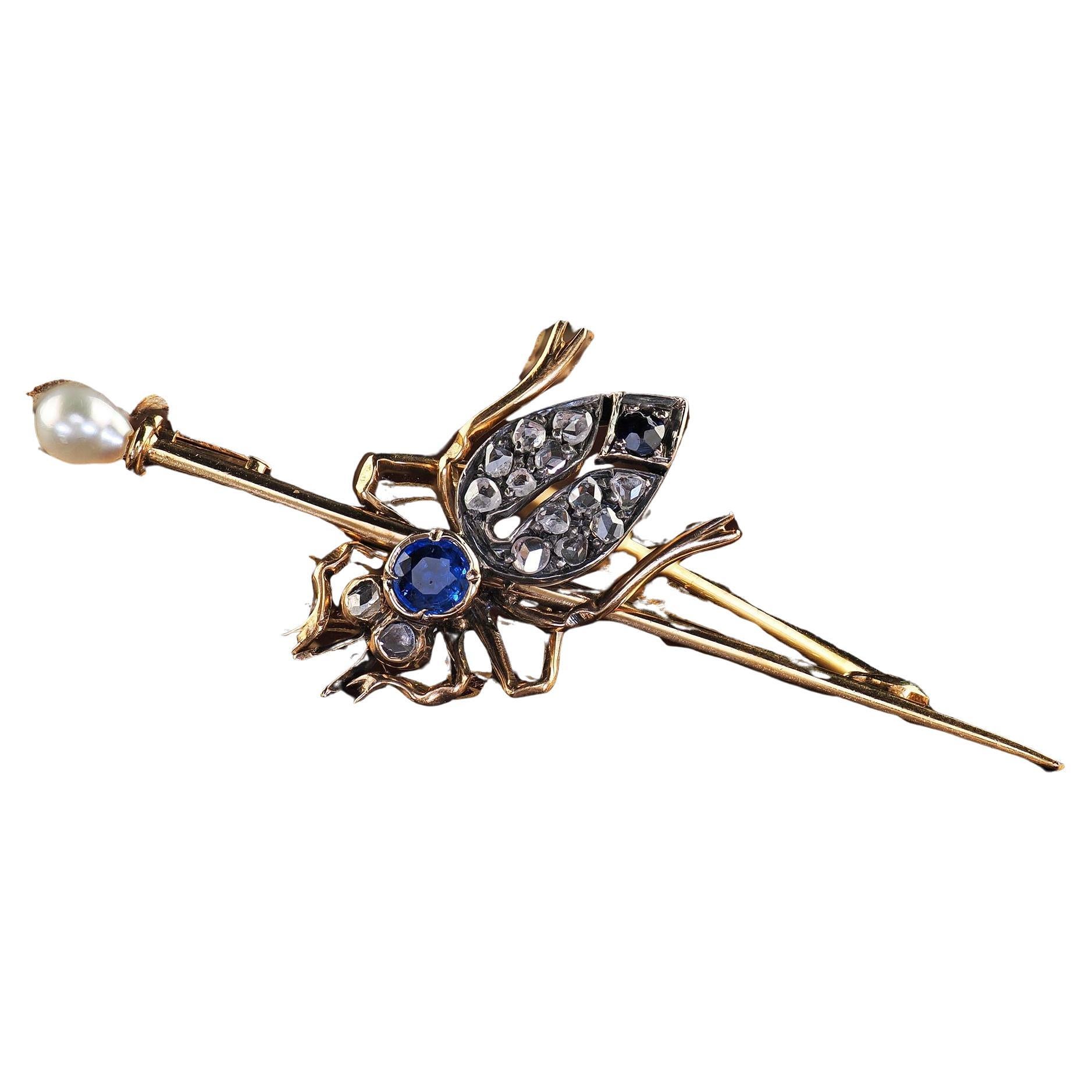 Antike viktorianische 18K Gelbgold Silber Rose Cut Diamant Saphir Bug Brosche