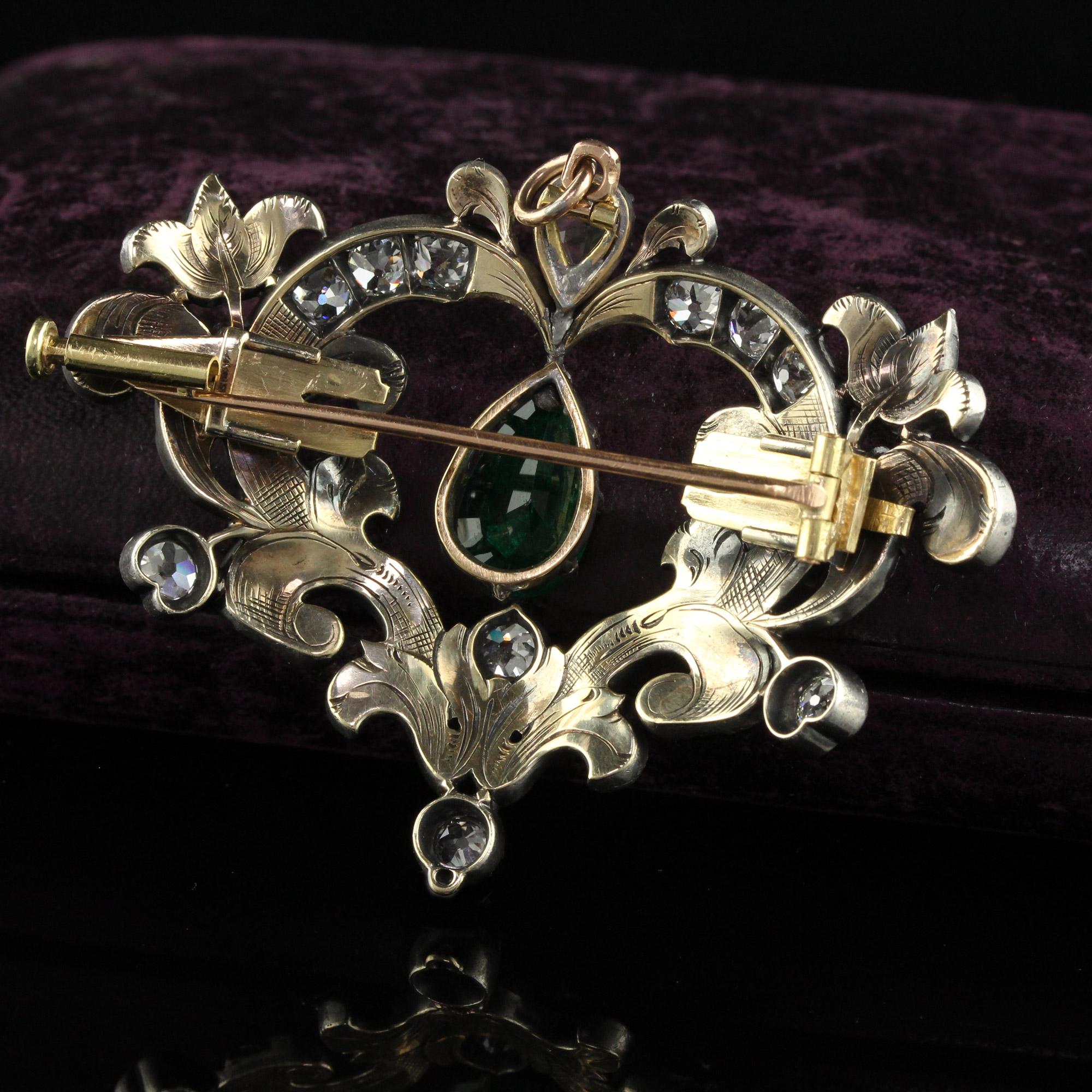Pear Cut Antique Victorian 18K Yellow Gold Silver Top Emerald and Diamond Pin Pendant