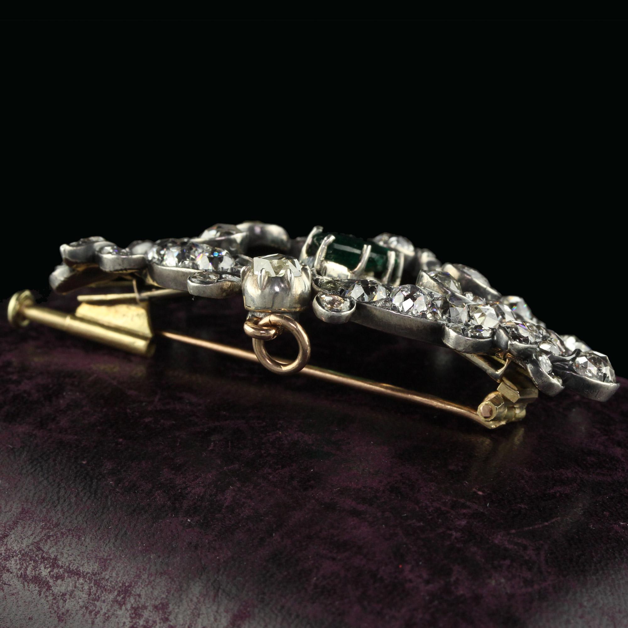 Women's or Men's Antique Victorian 18K Yellow Gold Silver Top Emerald and Diamond Pin Pendant