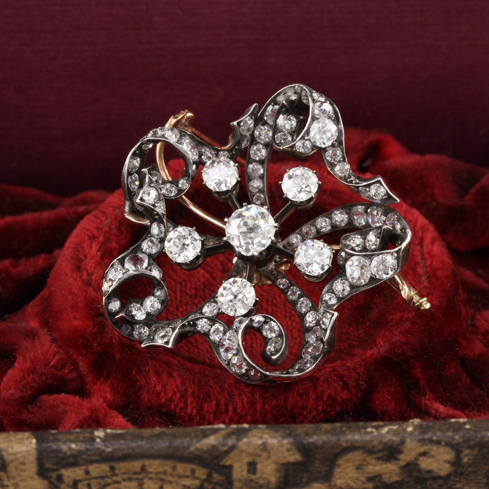 Amazing antique brooch with large white beautiful old cut diamonds

Metal: 18K Yellow Gold, Silver Top

Weight: 14.3 Grams

Diamond Weight: Approximately 6 carats old mine cut diamonds 

Diamond Color: H - I

Diamond Clarity: SI1

Measurements: 36 x