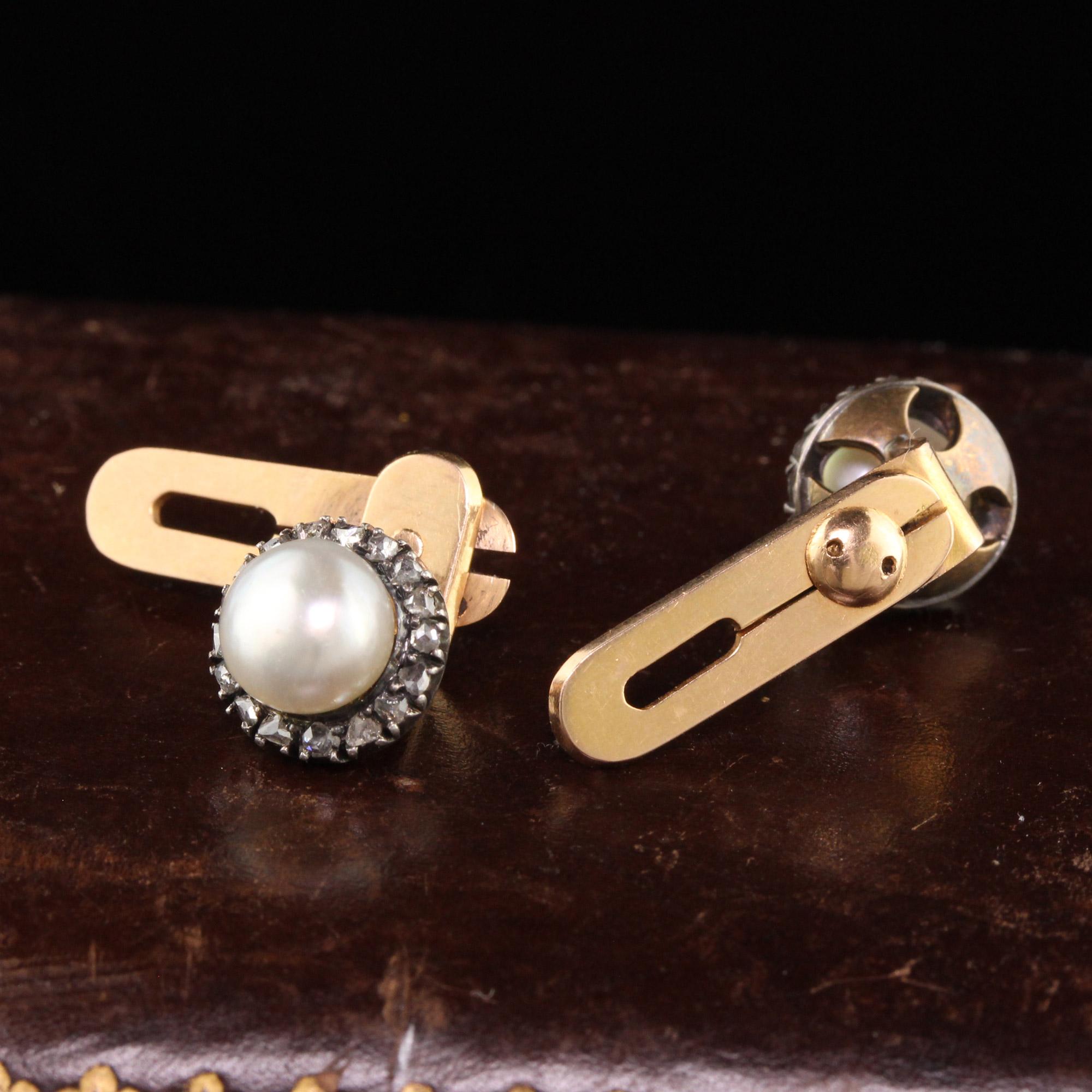 Rose Cut Antique Victorian 18K Yellow Gold Silver Top Natural Pearl and Diamond Cufflinks