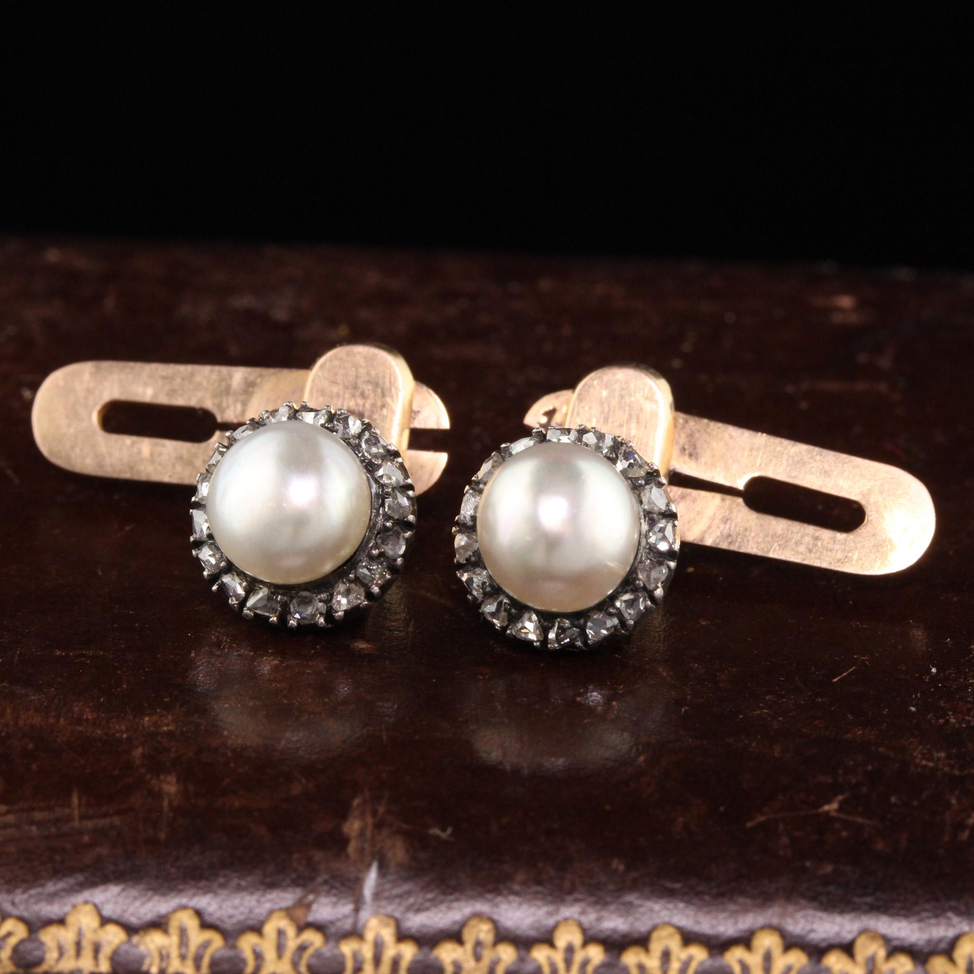 Antique Victorian 18K Yellow Gold Silver Top Natural Pearl and Diamond Cufflinks In Good Condition In Great Neck, NY