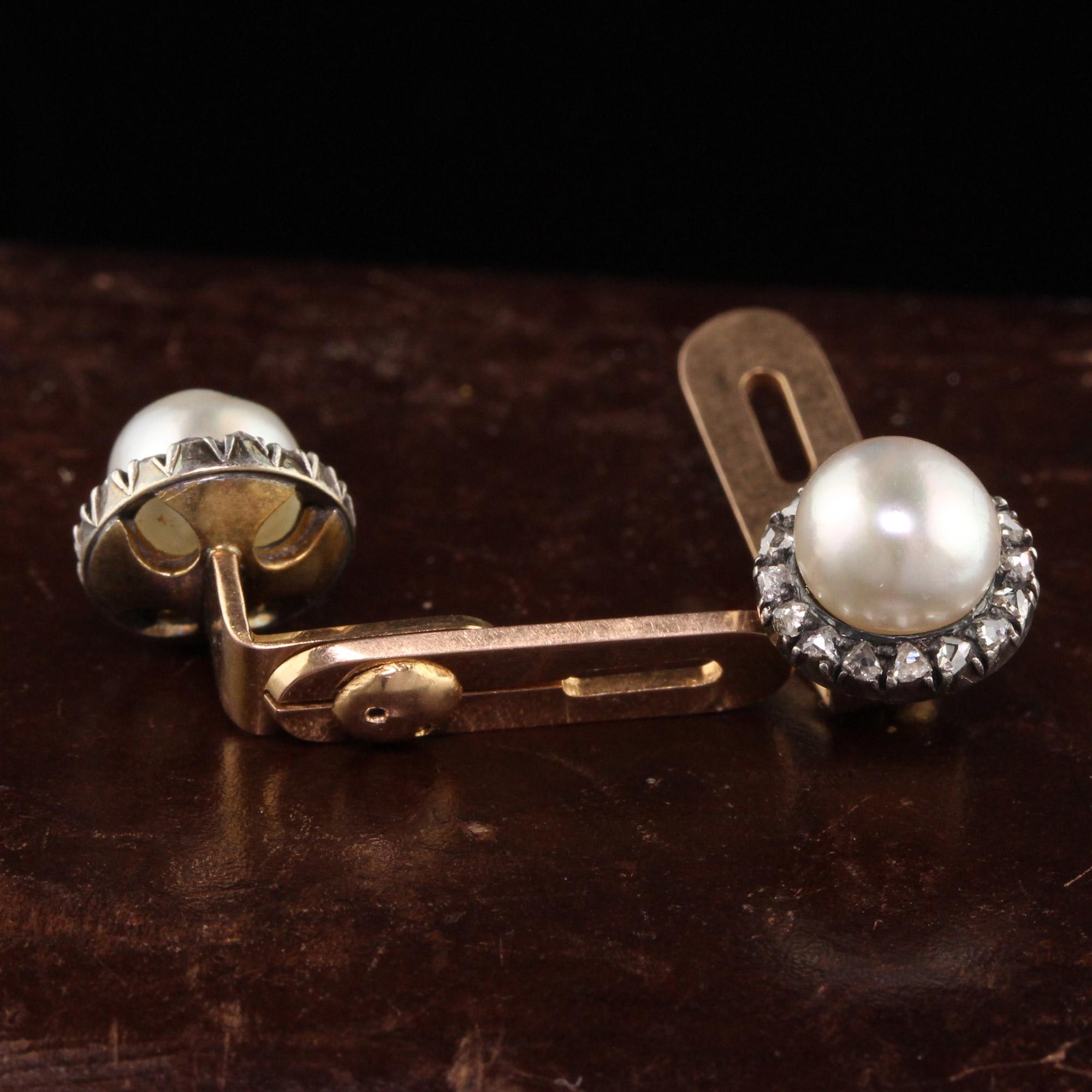 Women's Antique Victorian 18K Yellow Gold Silver Top Natural Pearl and Diamond Cufflinks