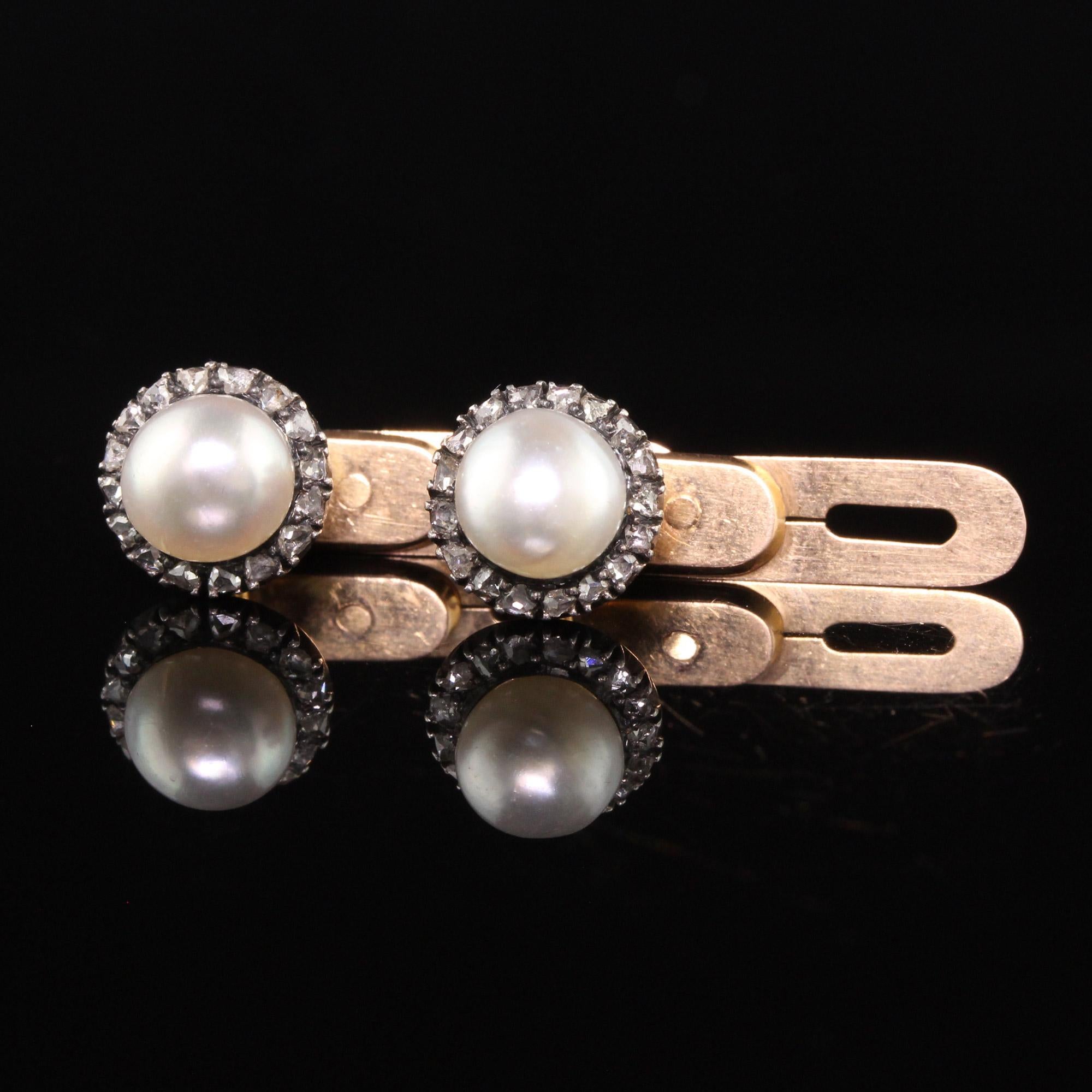 Antique Victorian 18K Yellow Gold Silver Top Natural Pearl and Diamond Cufflinks 1