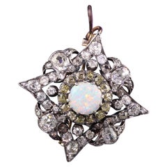 Antique Victorian 18K Yellow Gold Silver Top Old Mine Diamond and Opal Pin Penda