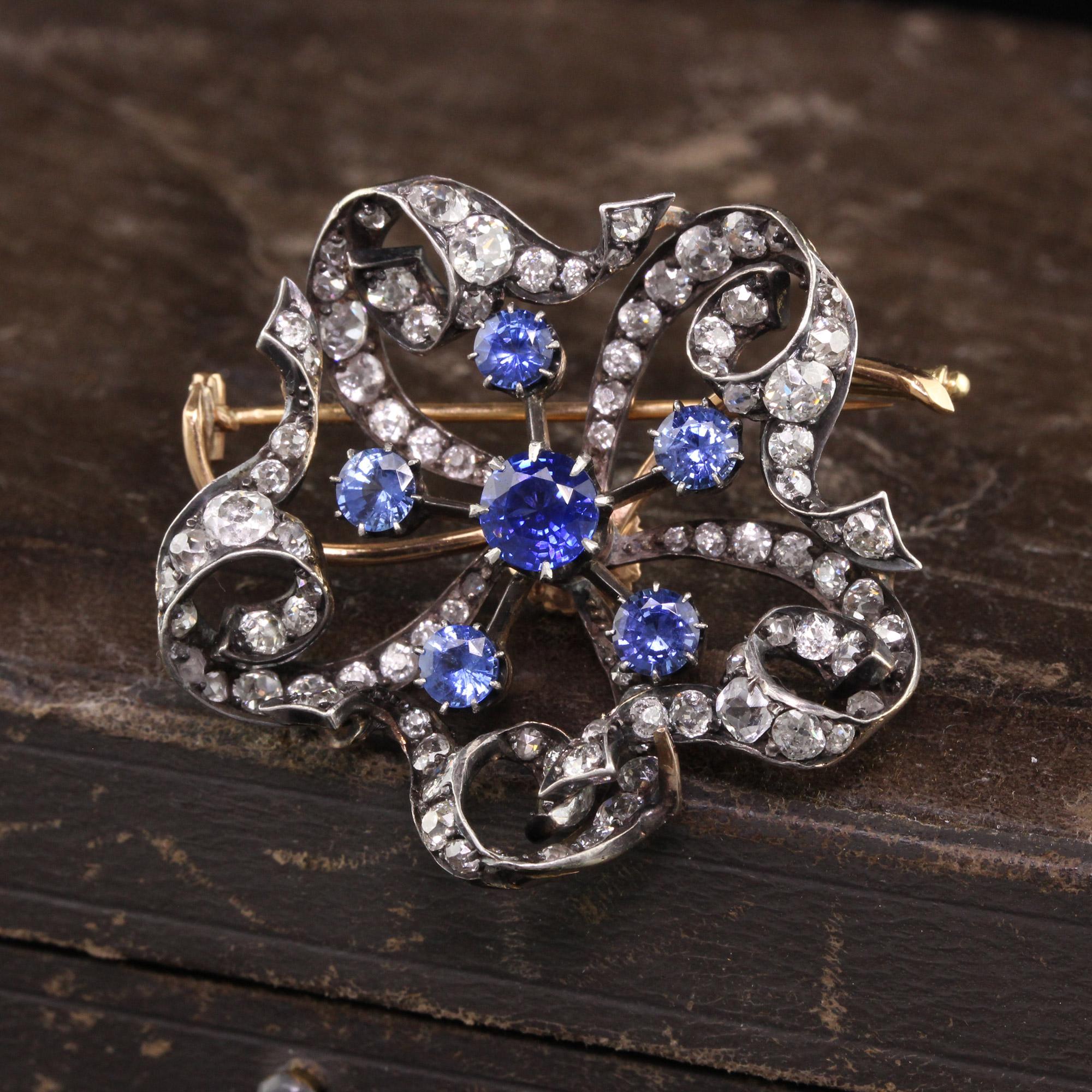Old Mine Cut Antique Victorian 18K Yellow Gold Silver Top Old Mine Diamond and Sapphire Pin For Sale