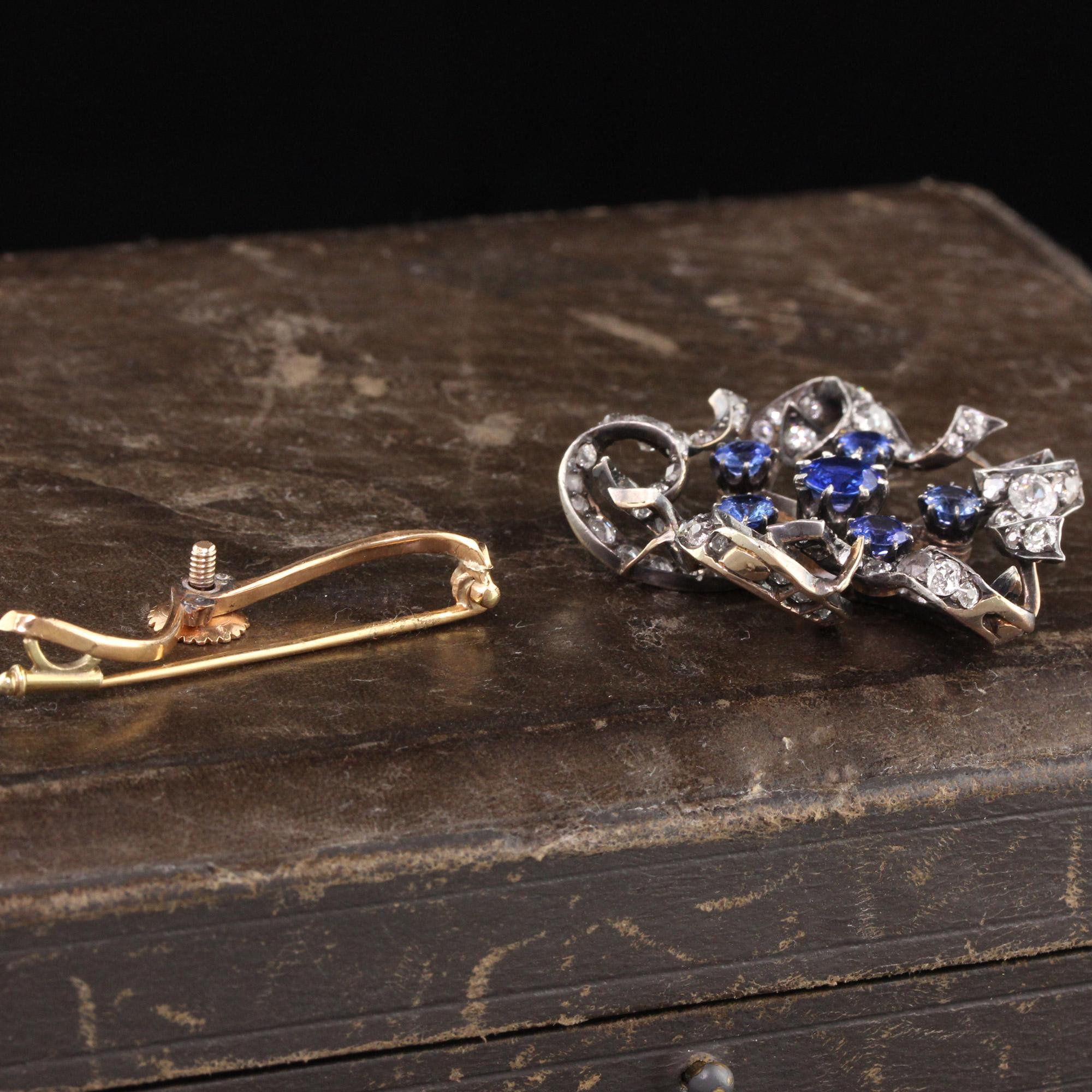Women's or Men's Antique Victorian 18K Yellow Gold Silver Top Old Mine Diamond and Sapphire Pin For Sale