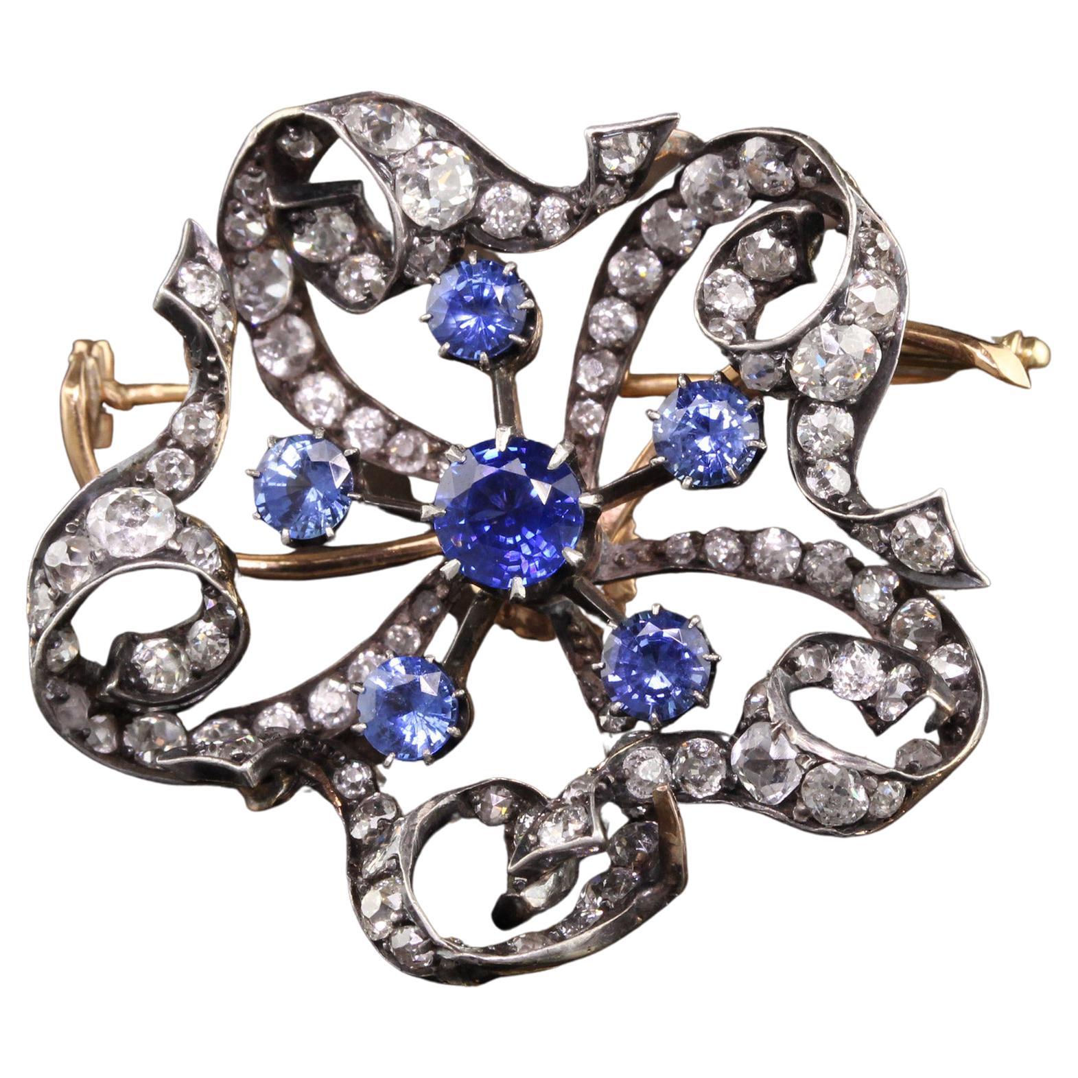 Antique Victorian 18K Yellow Gold Silver Top Old Mine Diamond and Sapphire Pin For Sale