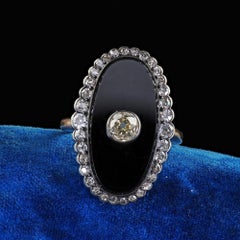 Antique Victorian 18K Yellow Gold Silver Top Old Mine Diamond Onyx Shield Ring