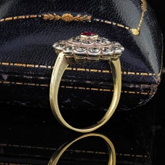 Antique Victorian 18K Yellow Gold Silver Top Old Mine Diamond Ruby Cluster Ring