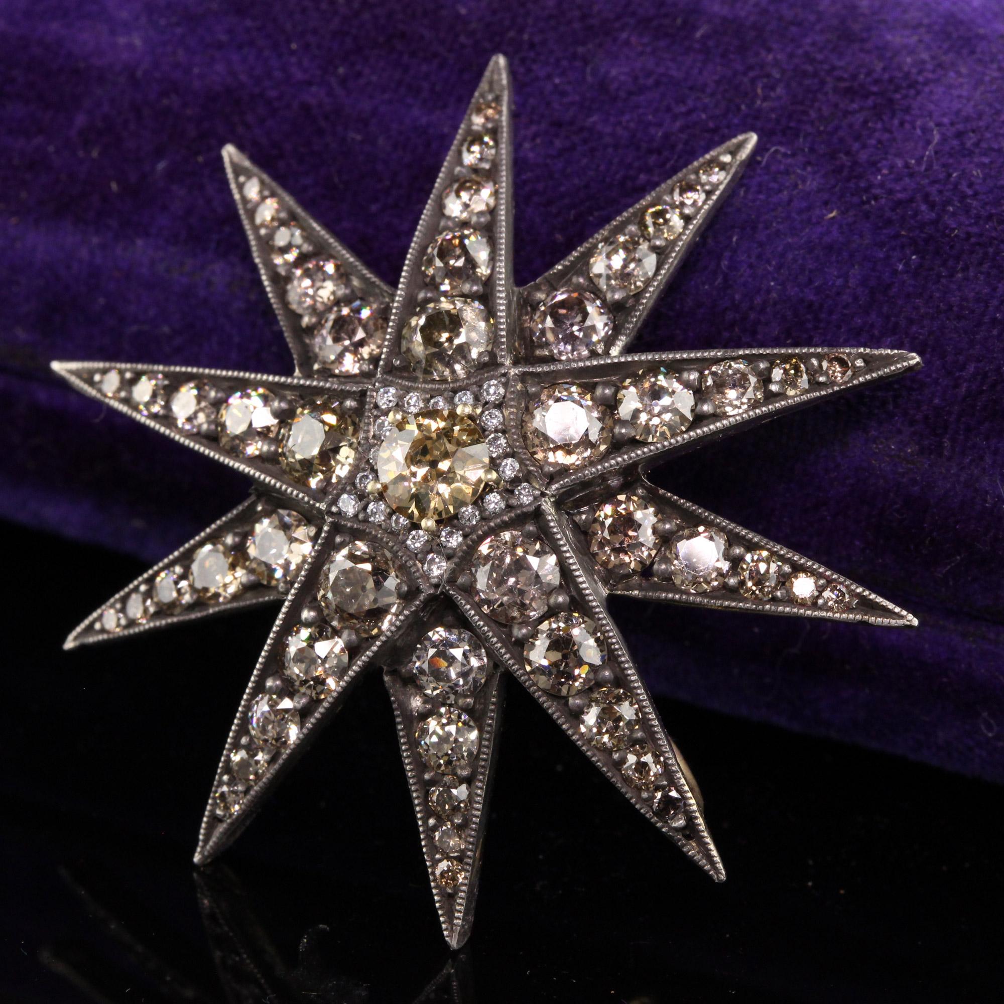 Antique Victorian 18K Yellow Gold Silver Top Old Mine Diamond Starburst Pendant In Good Condition In Great Neck, NY