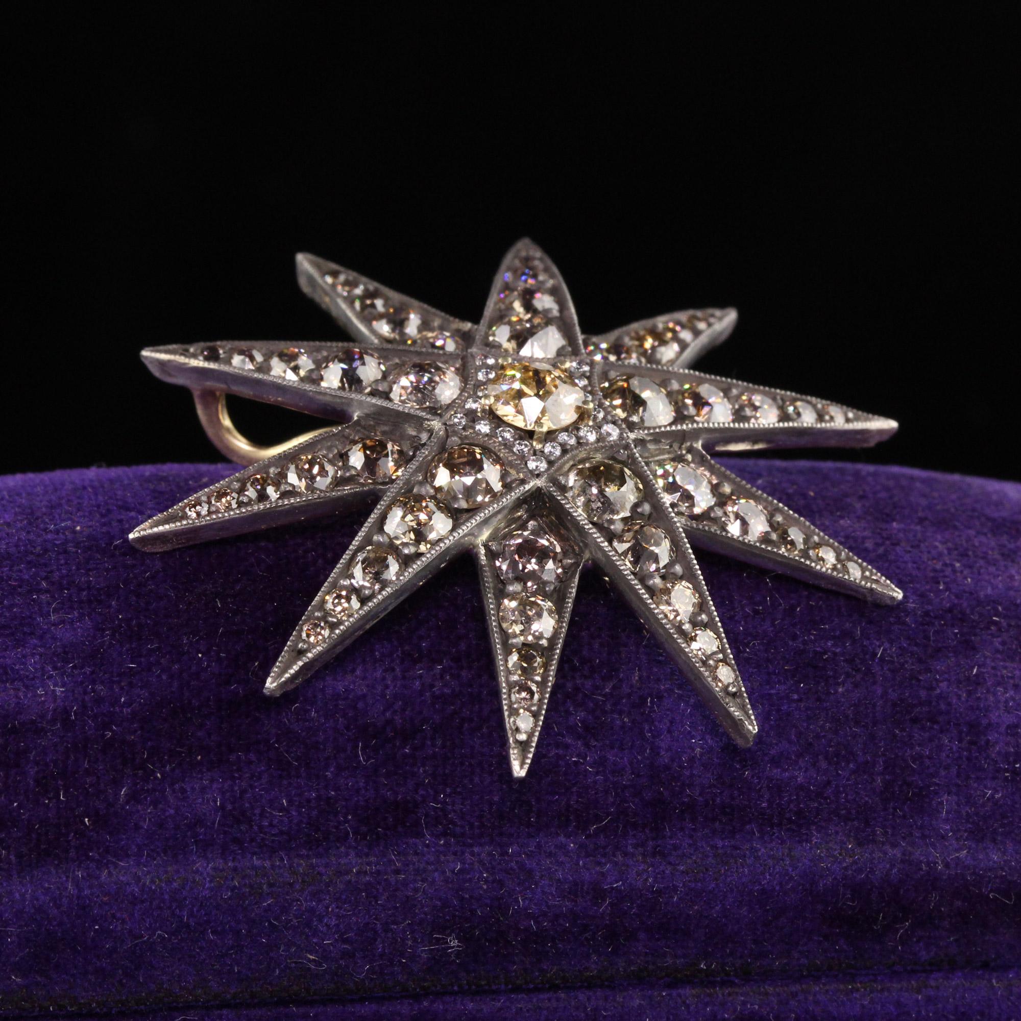 Women's Antique Victorian 18K Yellow Gold Silver Top Old Mine Diamond Starburst Pendant