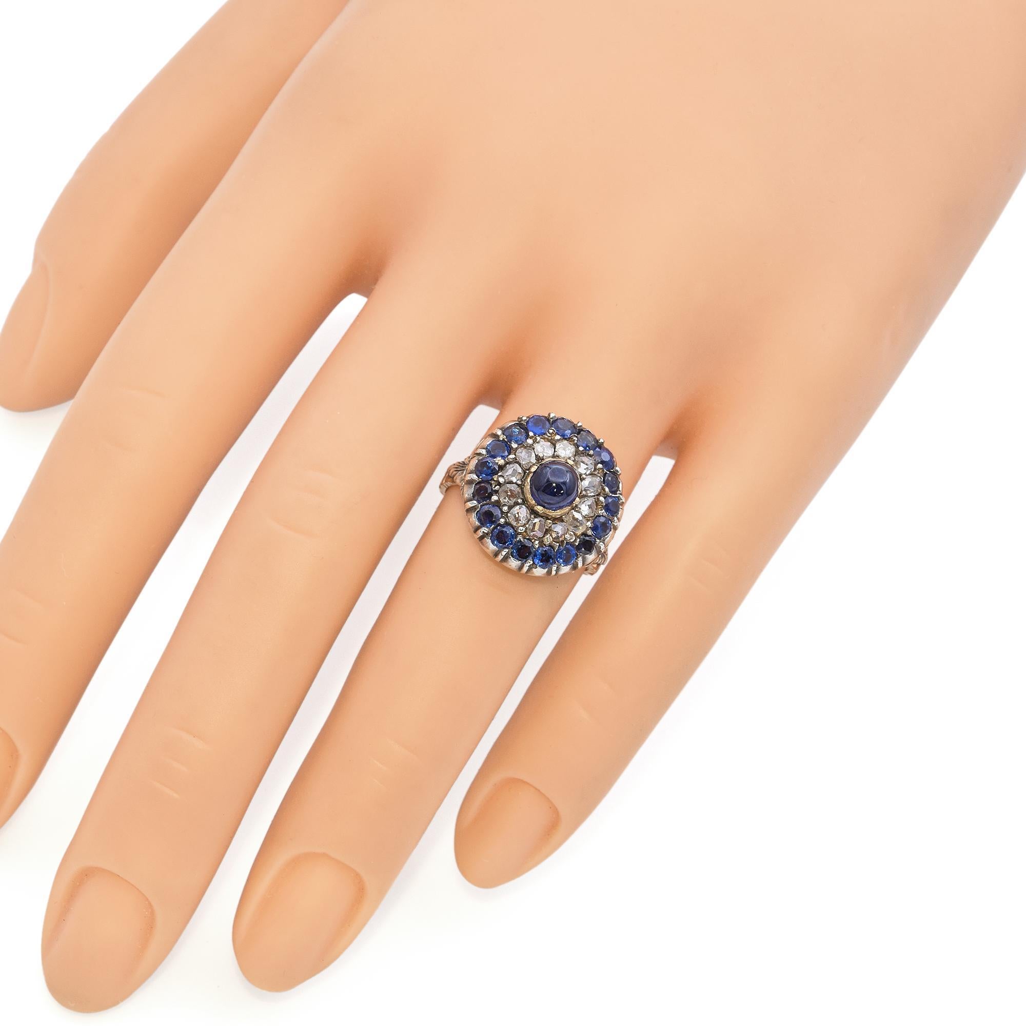 Cabochon Antique Victorian 18k Yellow Gold Silver Top Sapphire and Diamond Statement Ring For Sale