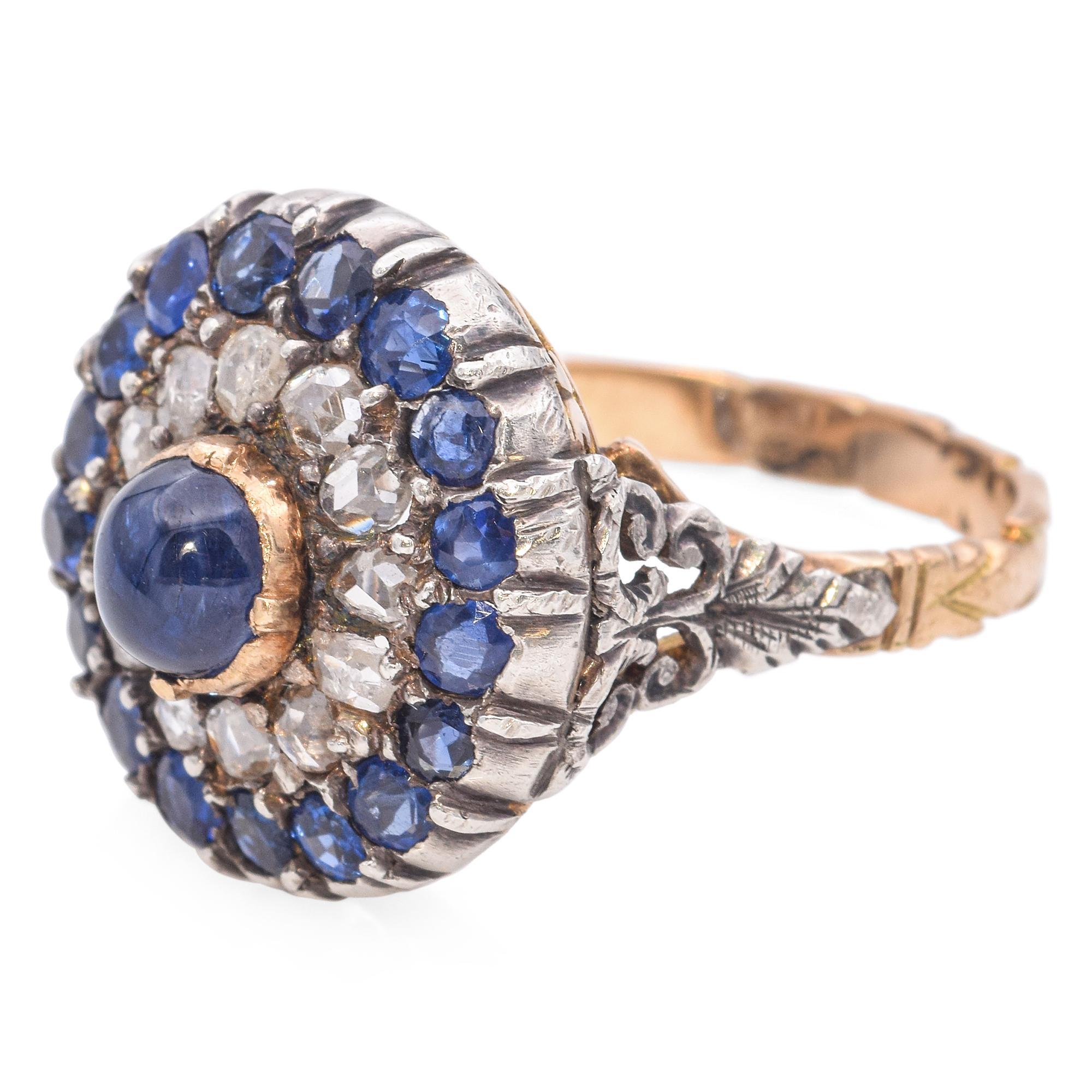 Antique Victorian 18k Yellow Gold Silver Top Sapphire and Diamond Statement Ring In Good Condition For Sale In New York, NY