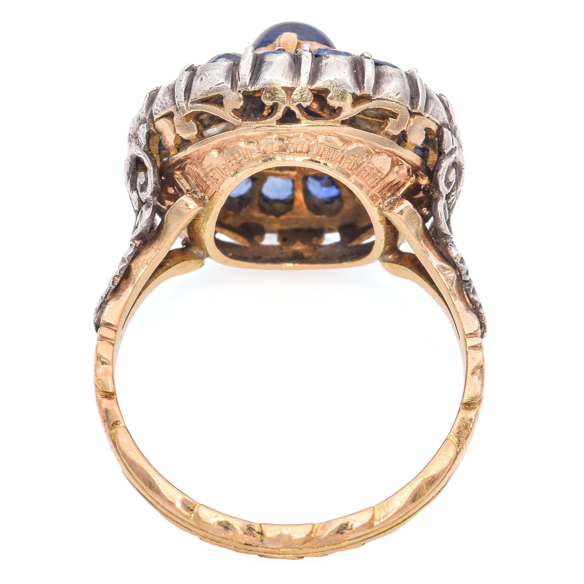 Women's Antique Victorian 18k Yellow Gold Silver Top Sapphire and Diamond Statement Ring For Sale