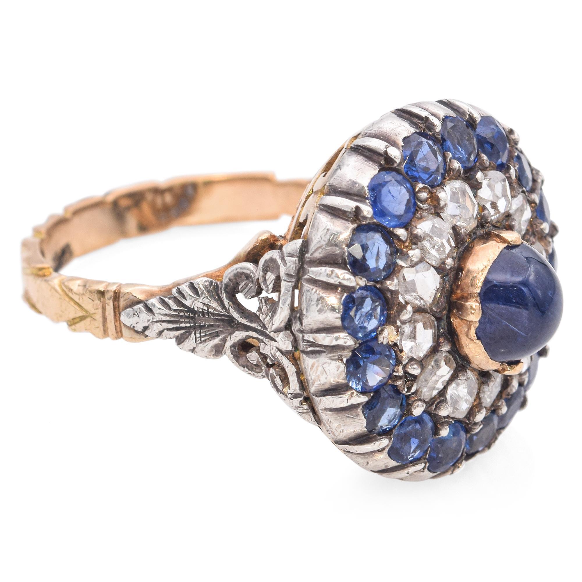 Antique Victorian 18k Yellow Gold Silver Top Sapphire and Diamond Statement Ring For Sale 1