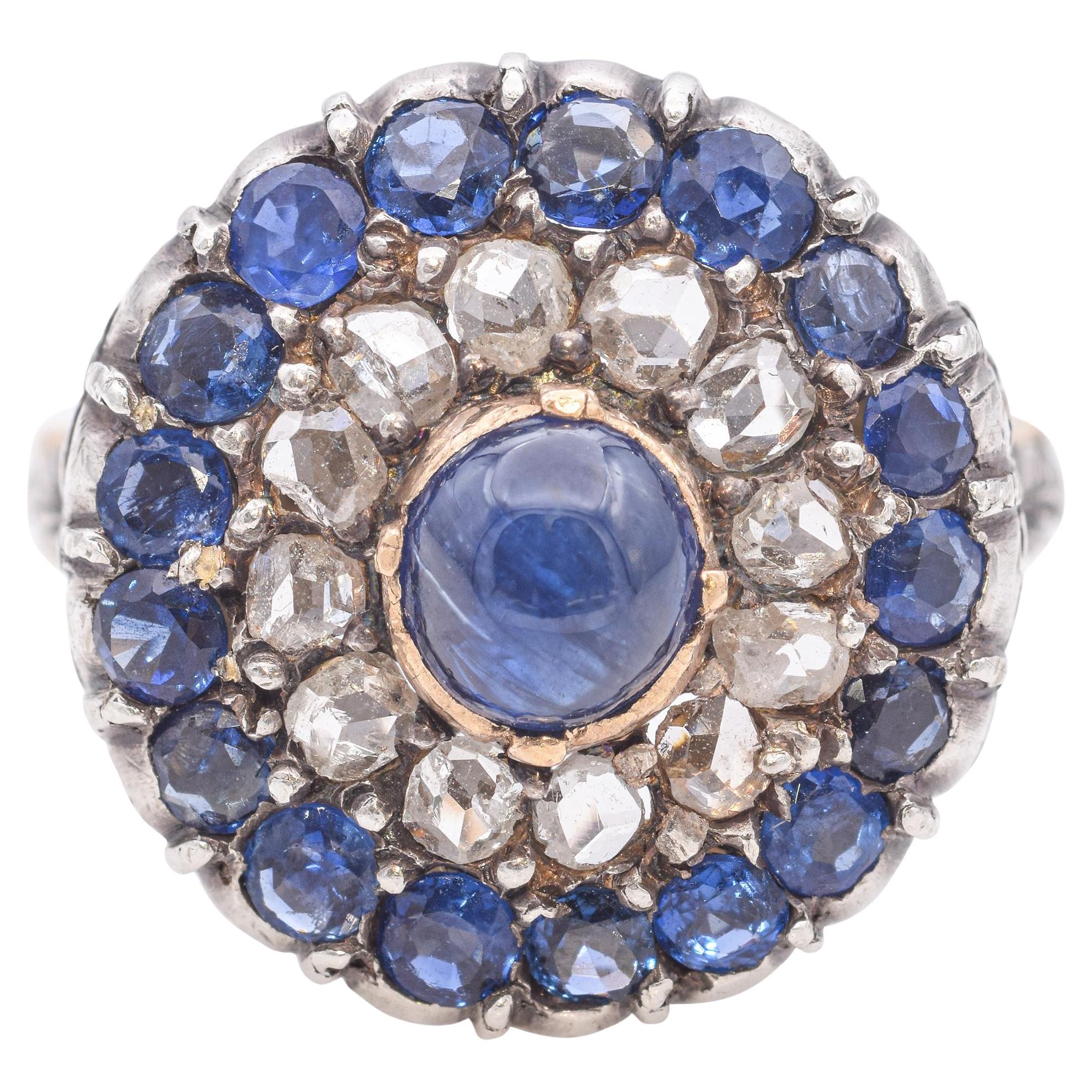 Antique Victorian 18k Yellow Gold Silver Top Sapphire and Diamond Statement Ring