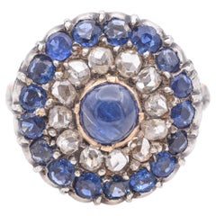 Antique Victorian 18k Yellow Gold Silver Top Sapphire and Diamond Statement Ring