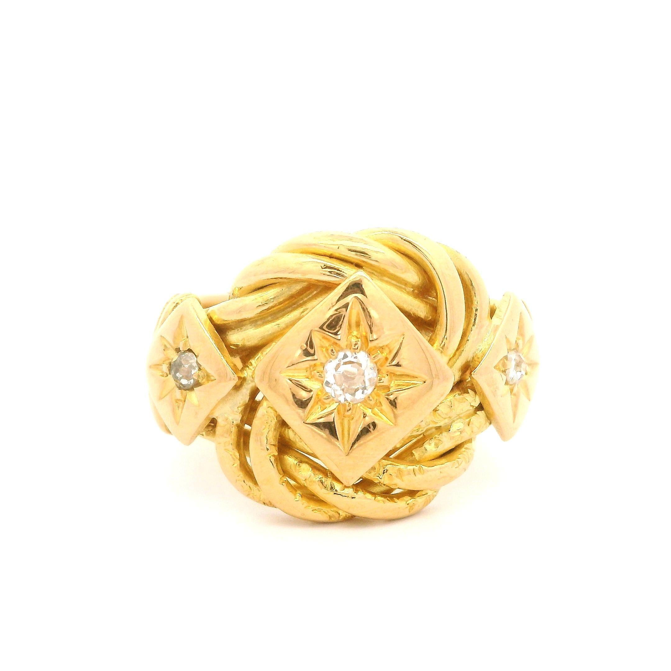 Antique Victorian 18k Yellow Gold Star Pave Diamond Twisted Wide Band Ring For Sale 1