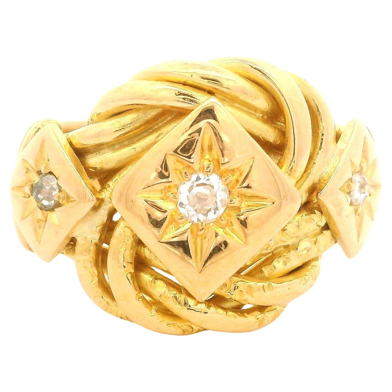 Antique Victorian 18k Yellow Gold Star Pave Diamond Twisted Wide Band Ring