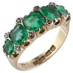 Antique Victorian 18KT Gold Colombian Emerald Five-Stone Ring with Rose-Cut Diam
