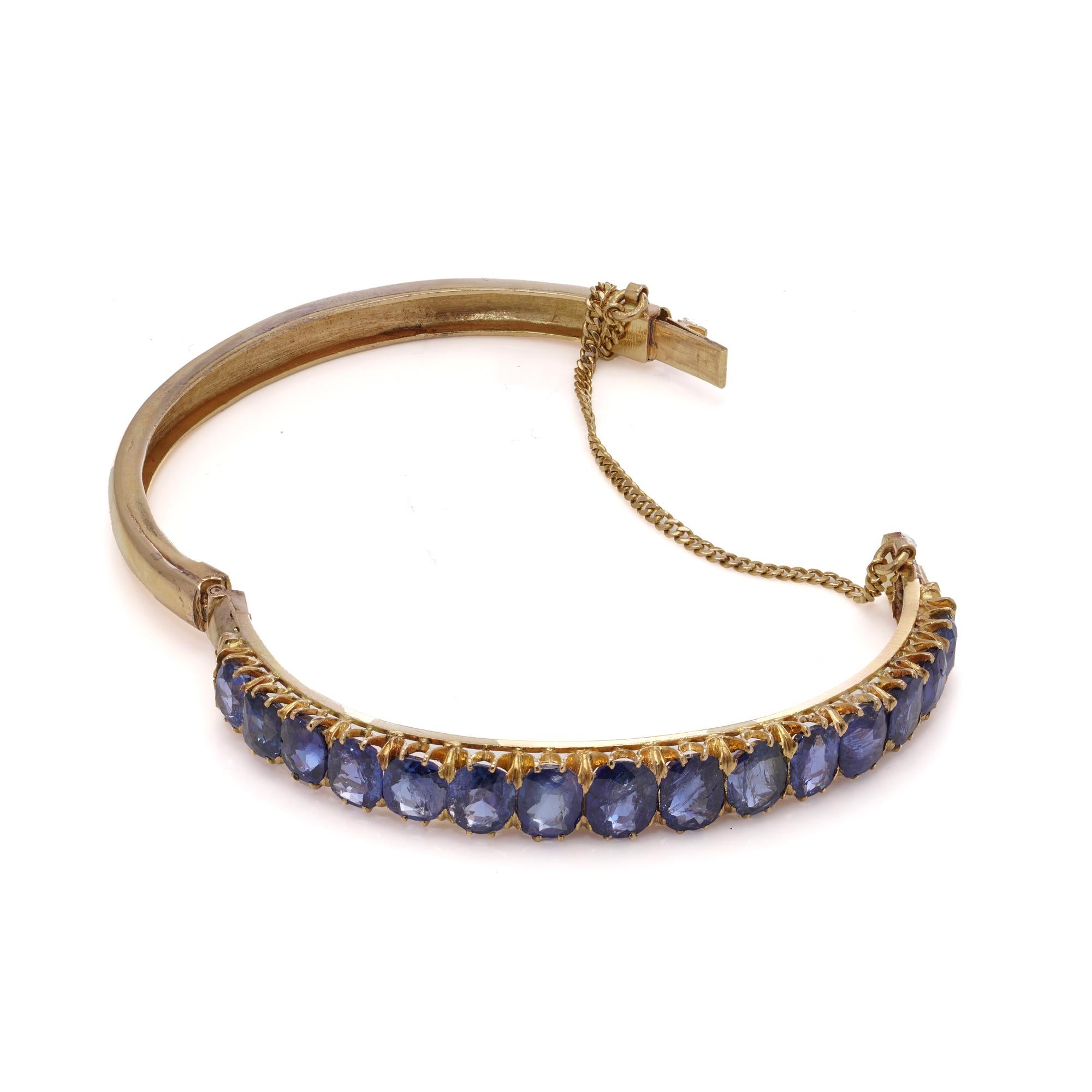Women's Antique Victorian 18kt gold Sapphire bangle with safety chain. For Sale
