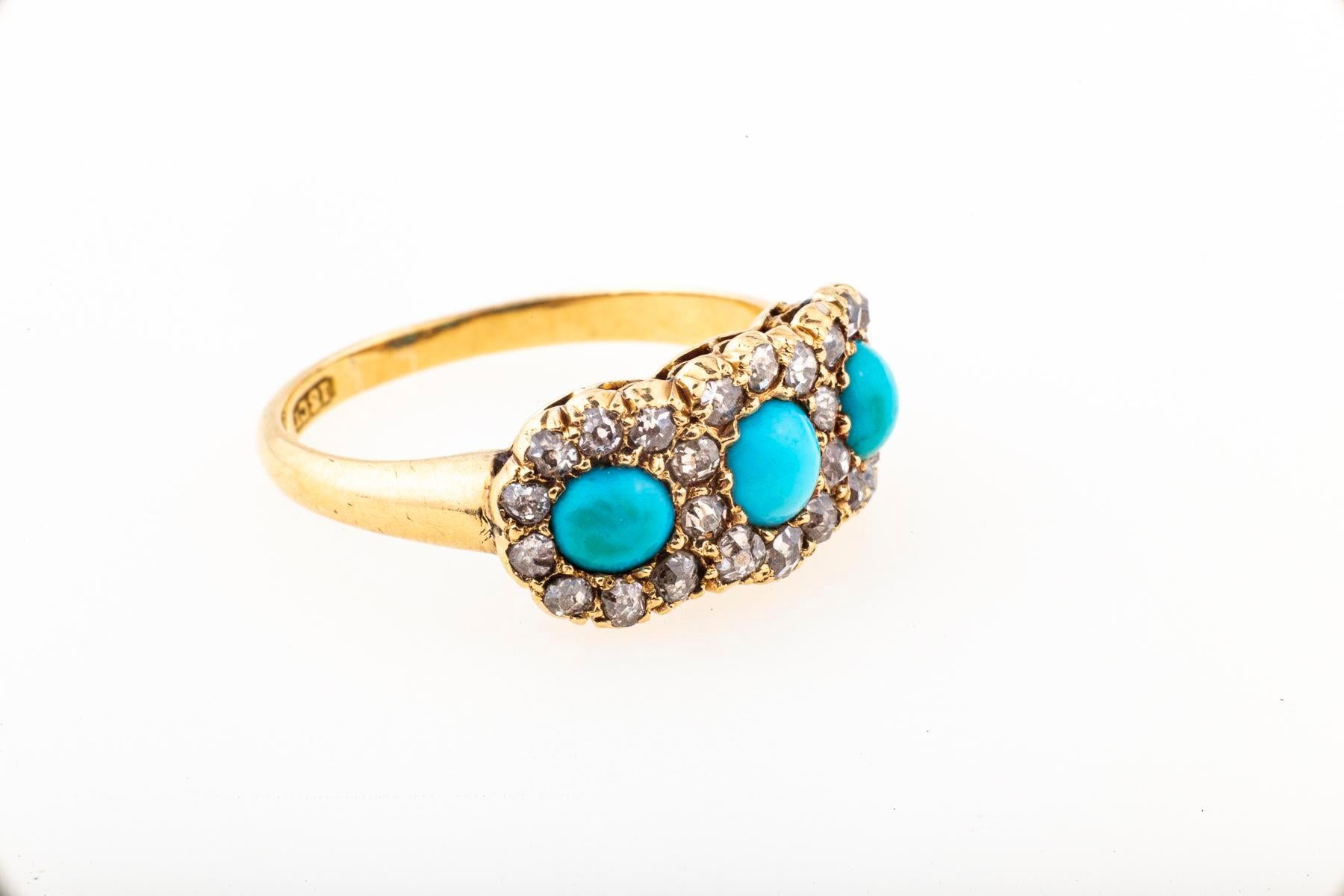 Round Cut Antique Victorian 18Kt Persian Turquoise and Diamond Ring For Sale
