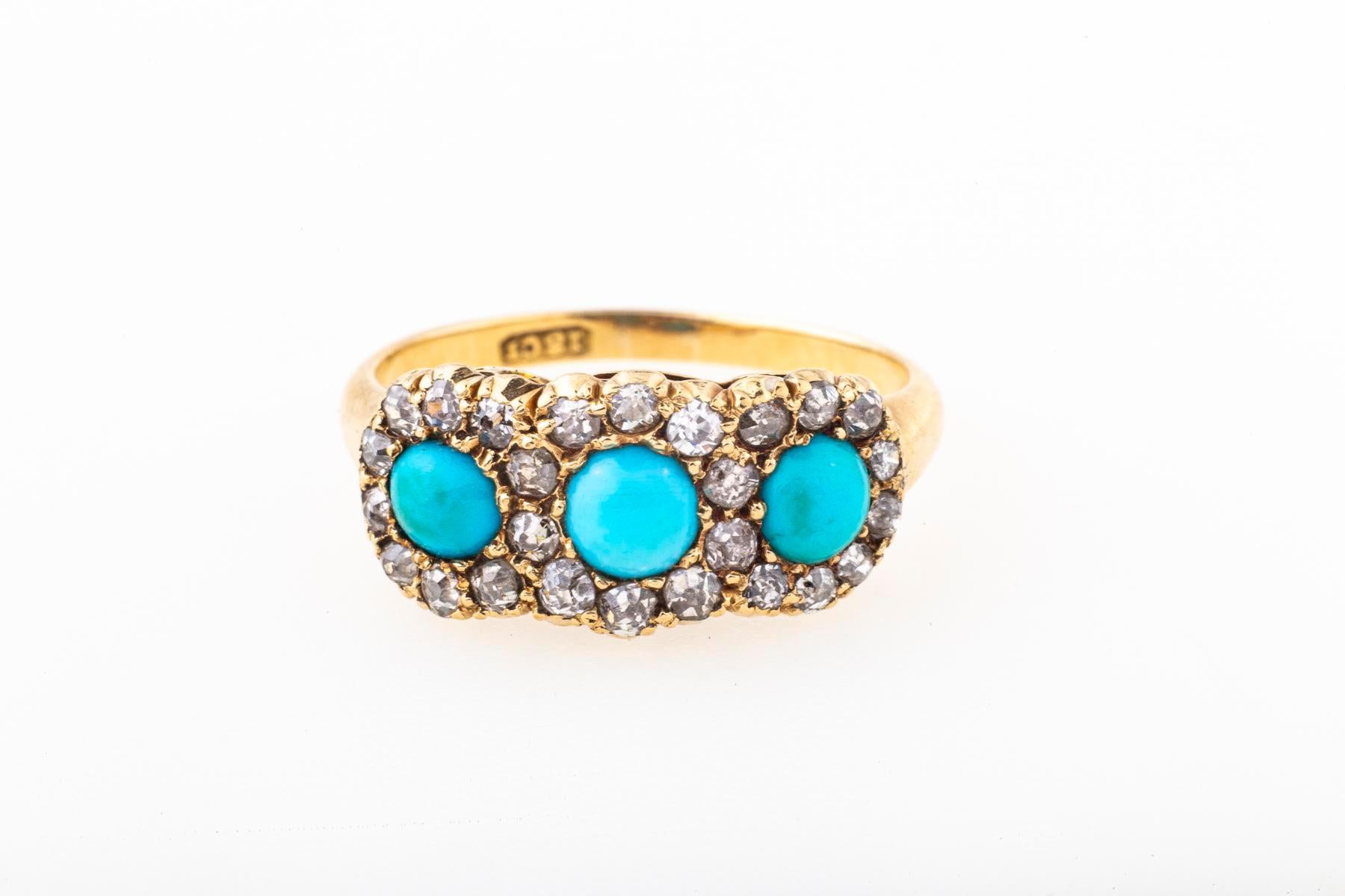 Taille ronde Bague victorienne ancienne en turquoise perse 18 carats et diamants en vente