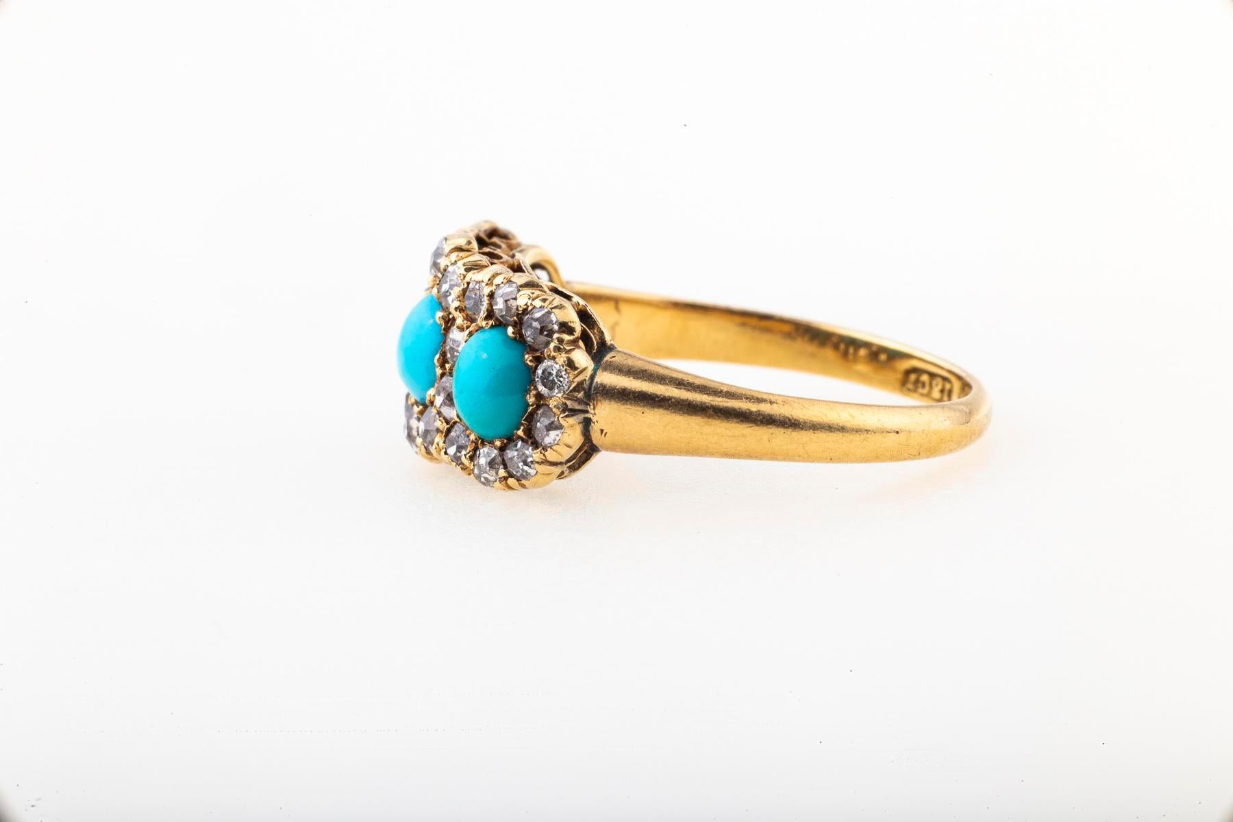 Bague victorienne ancienne en turquoise perse 18 carats et diamants Excellent état - En vente à Stamford, CT