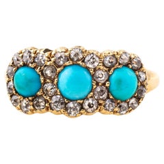 Bague victorienne ancienne en turquoise perse 18 carats et diamants