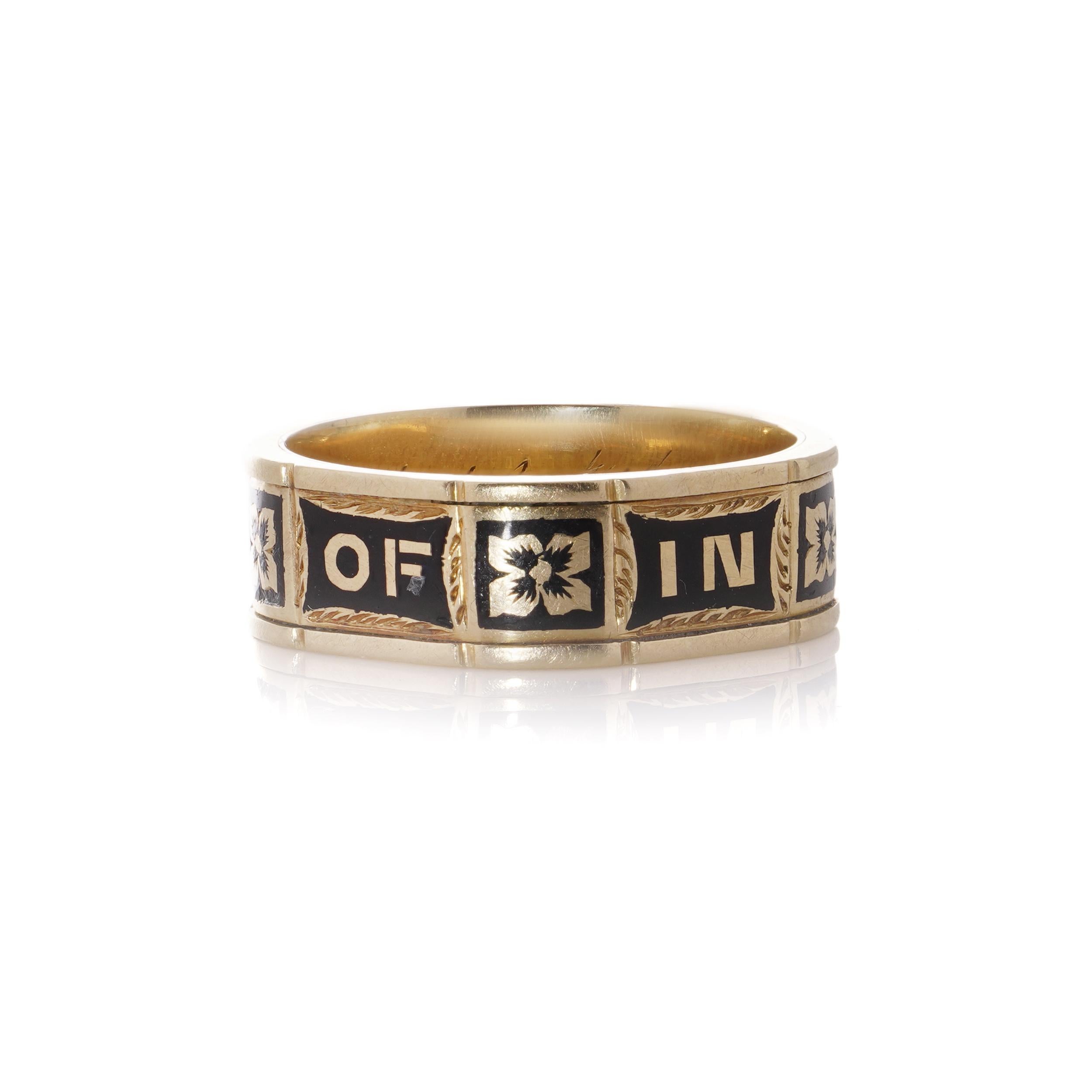 Women's or Men's Antique Victorian 18kt. yellow gold and black enamel mourning ring  For Sale