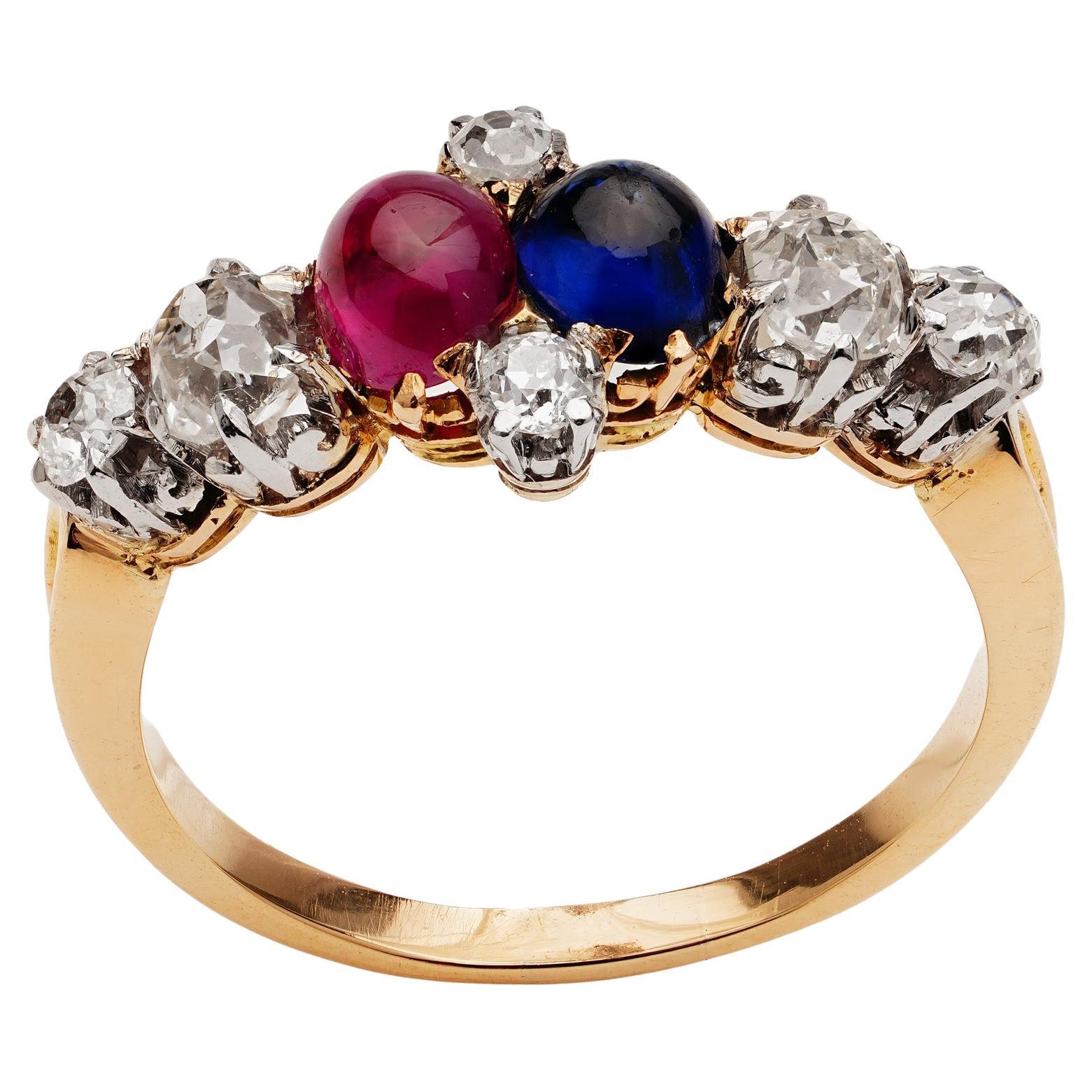 Antique Victorian 18kt. Yellow Gold Ring Set with a Cabochon Sapphire and Ruby