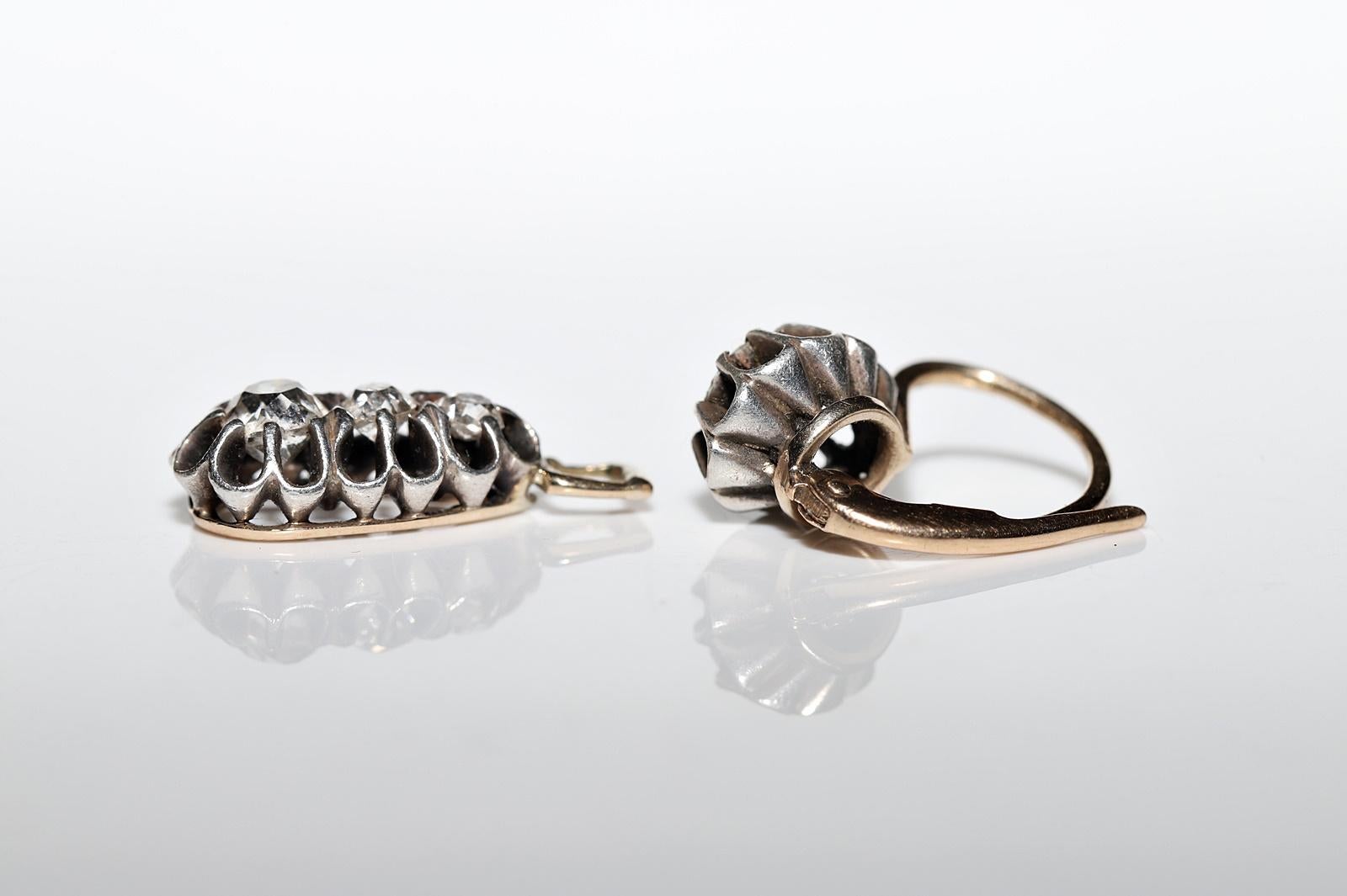 Antique Victorian 1900s 14k Gold Top Silver Natural Diamond Drop Earring en vente 14