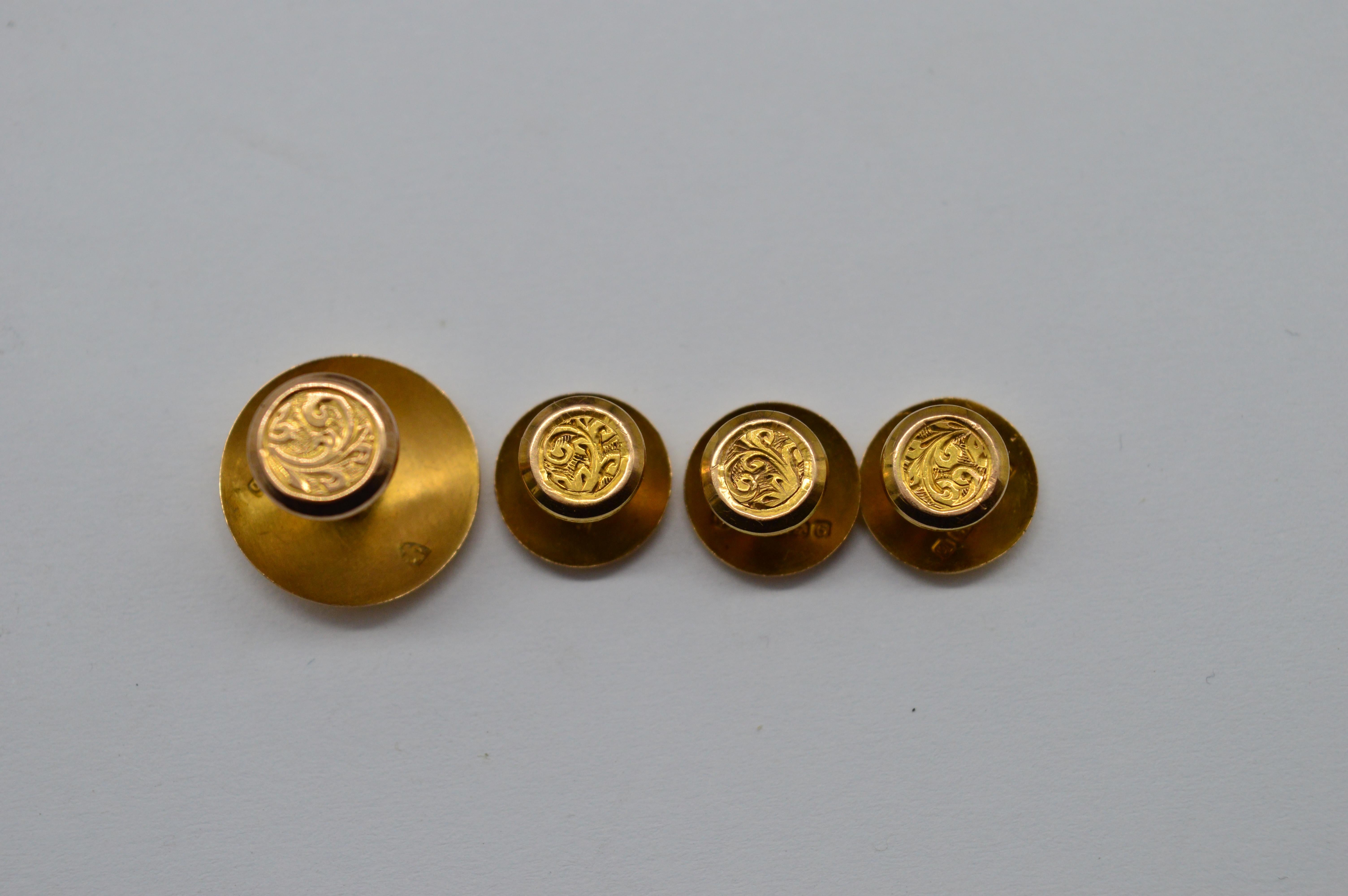 Antique Victorian 1901 9K Yellow Gold Engraved Cufflinks Stud Set Boxed For Sale 3