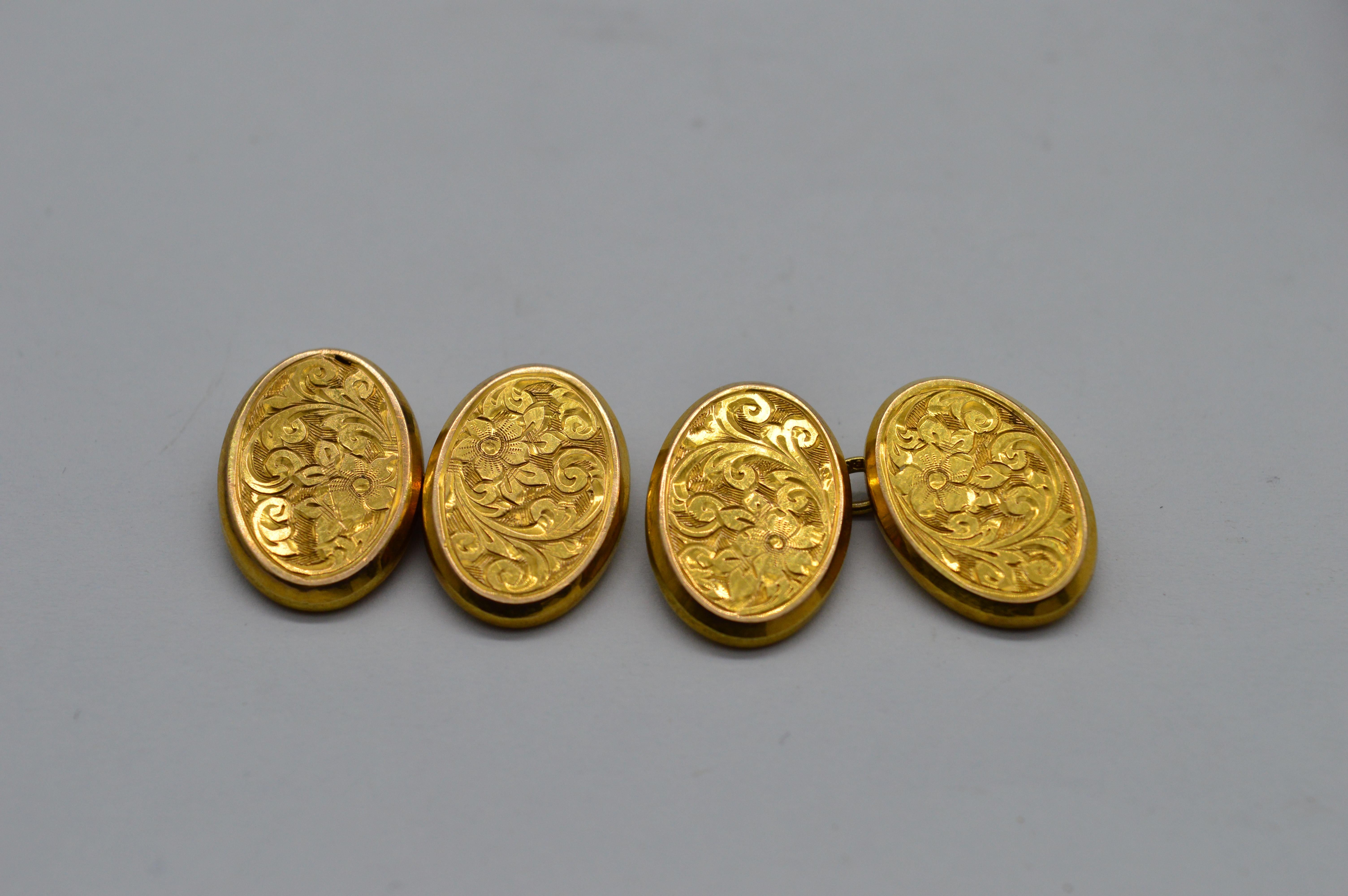 Late Victorian Antique Victorian 1901 9K Yellow Gold Engraved Cufflinks Stud Set Boxed For Sale