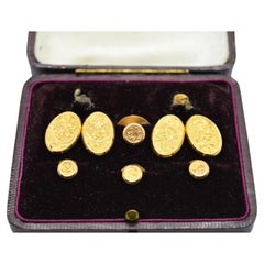 Antique Victorian 1901 9K Yellow Gold Engraved Cufflinks Stud Set Boxed