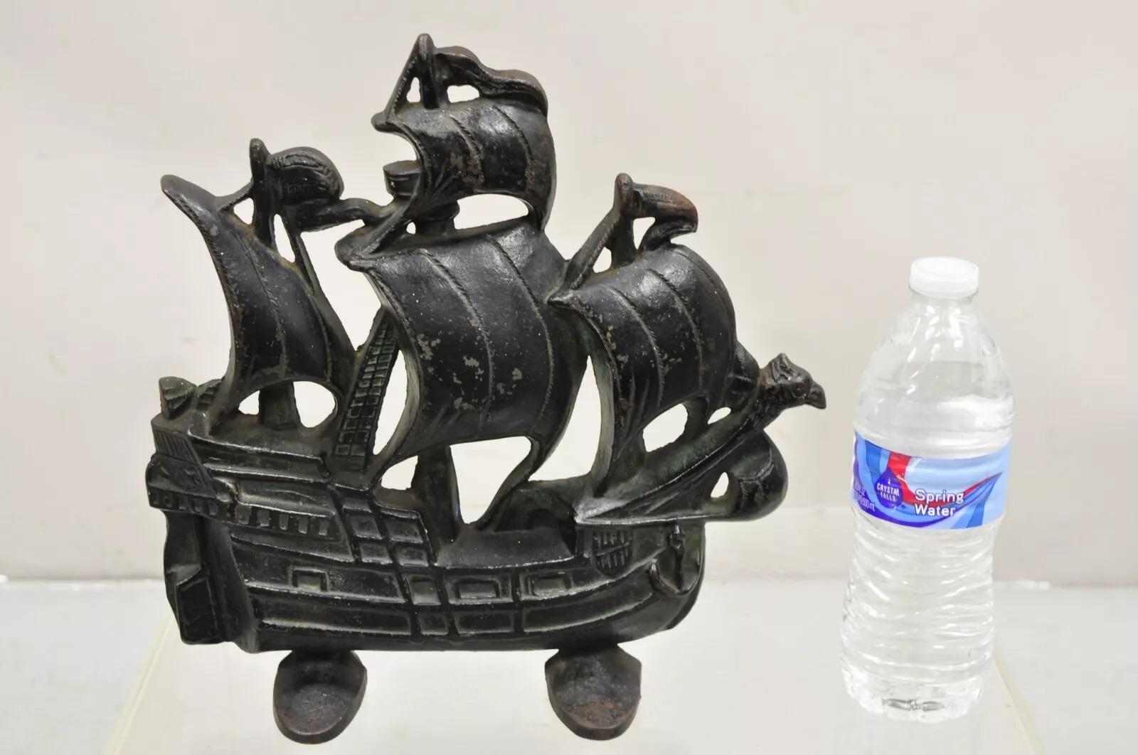 Antique Victorian 1930 Creation Co Cast Iron Figural Painted Ship Boat Door Stop. Circa Early 1900s. Measurements: 12