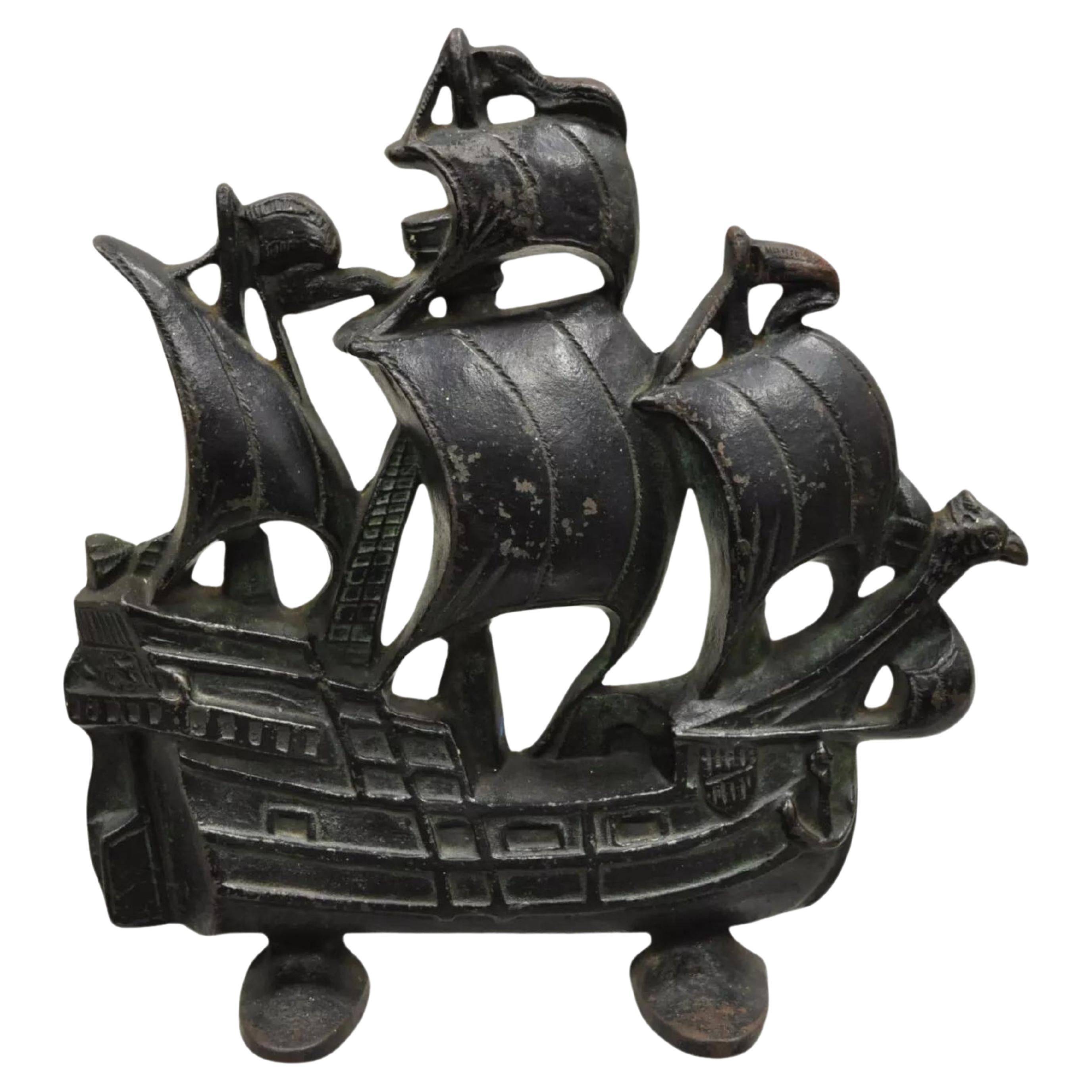 Antique Victorian 1930 Creation Co Cast Iron Figural Painted Ship Boat Door Stop For Sale